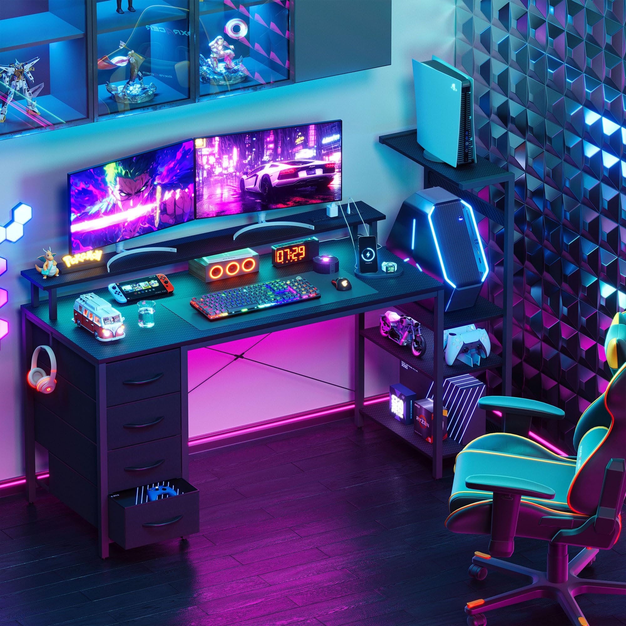 YOUDENOVA Biurko do gier z 4 szufladami z tkaniny, 150 x 48 cm, obustronne, z diodami LED i gniazdem, biurko z podporą na monitor, złącze USB, biurko do komputera do domu, biura i