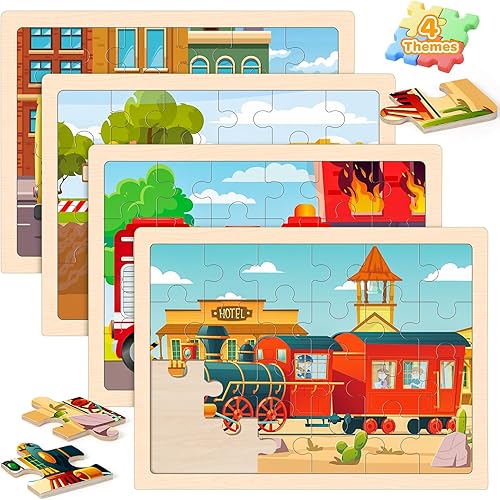 Miniatura 8 de Rompecabezas para niños de 4 a 6 años, 4 paquetes de 24 piezas de rompecabezas de madera para niños de 2 a 4 años, vehículos educativos