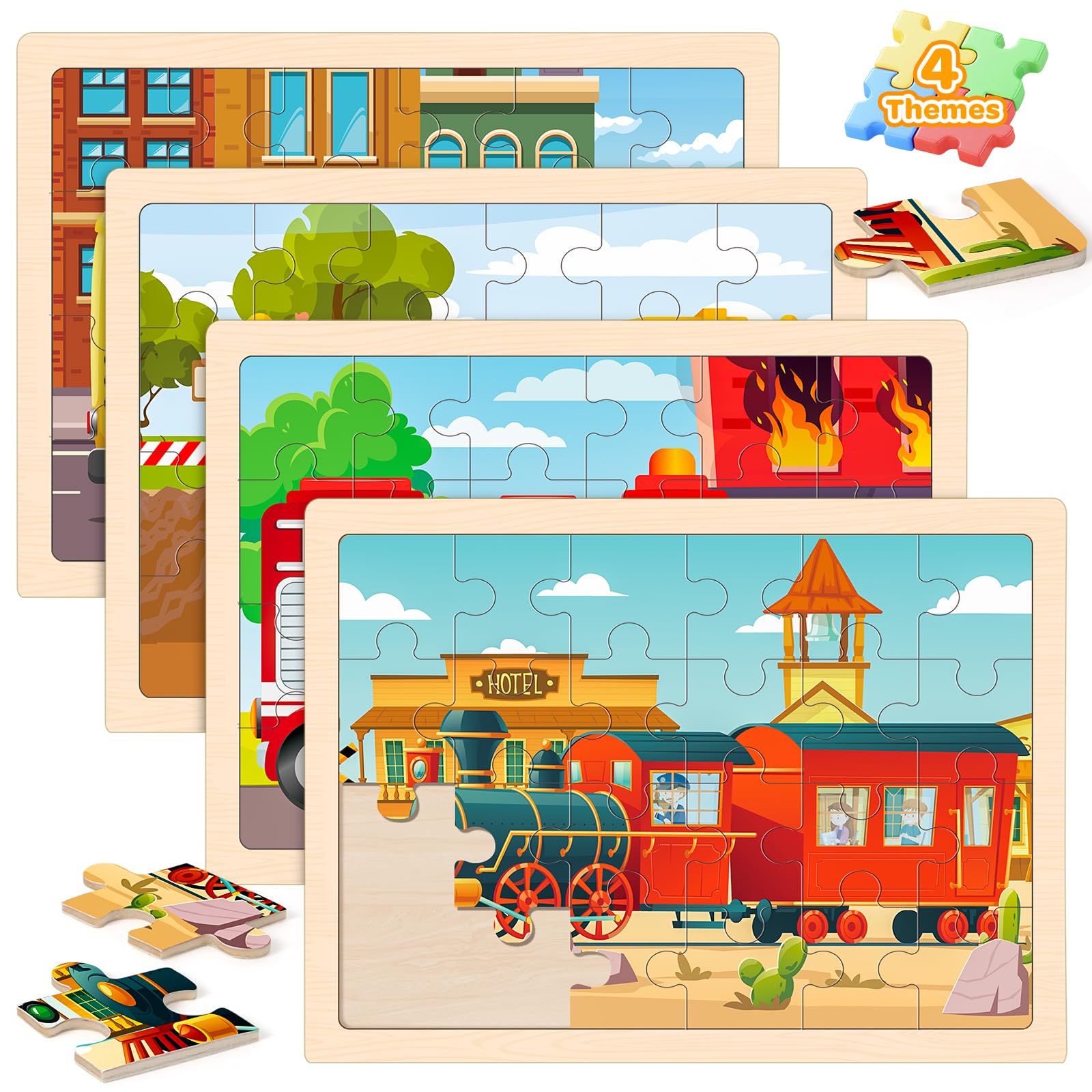 Puzzles für Kinder von 4 bis 6 Jahren, 4 Packungen mit 24 Holzpuzzles für Kinder von 2 bis 4 Jahren, Vorschulpädagogisches Spielzeug, Spielzeug für Jungen und Mädchen von 3 4 5 6