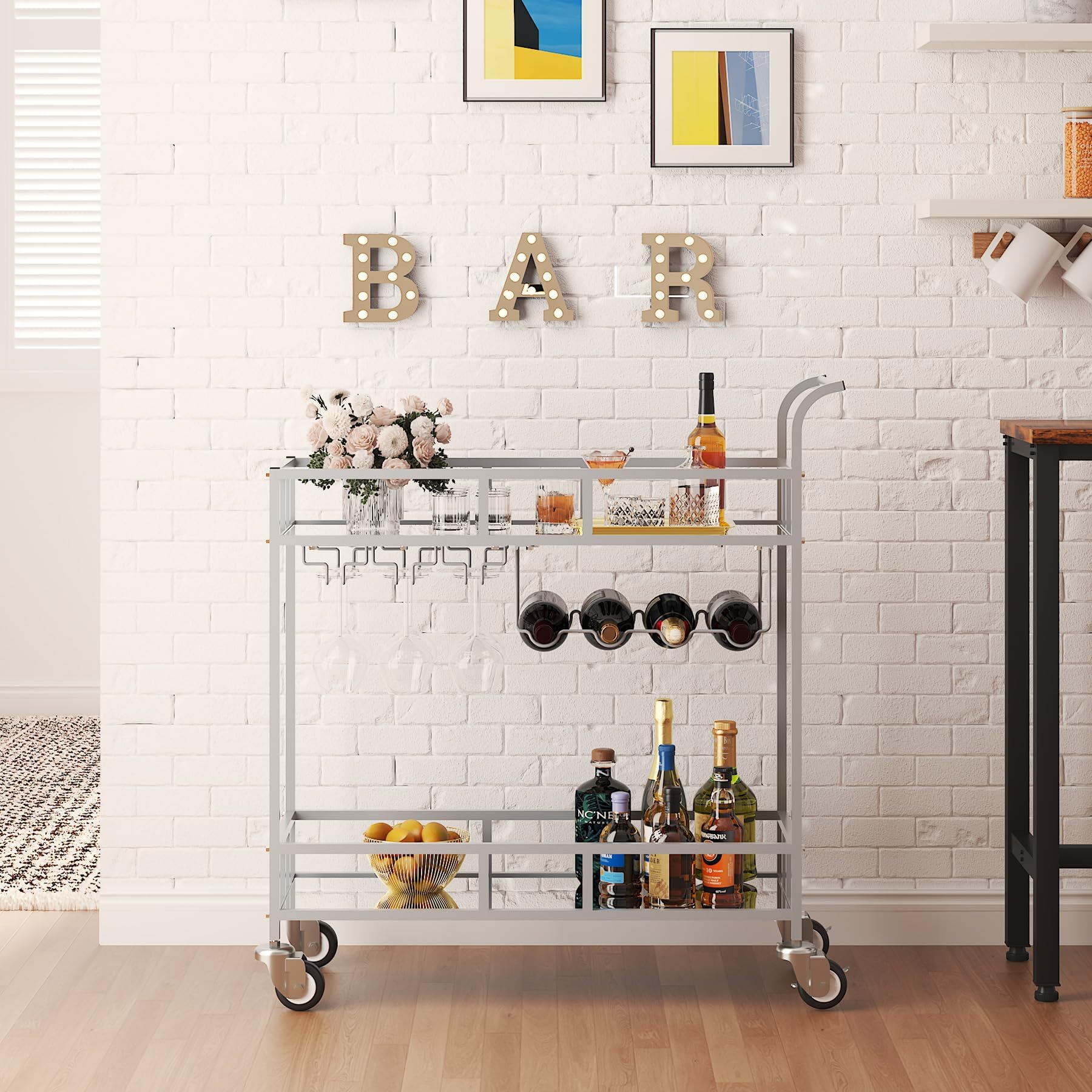 Garvee Carro de Bar rodante de 2 Niveles con estantes espejados – Porta Copas y Botellas – Compacto y portátil para Comedor, Cocina o Sala – Plata+Espejo, 4 Botellas, 3 Filas Copas, 34x15x35