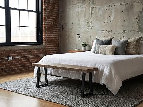 Miniatura 8 de Banco rústico de madera de granero recuperada, madera maciza con base de metal, estilo moderno de granja, parte superior de 2 pulgadas de grosor,