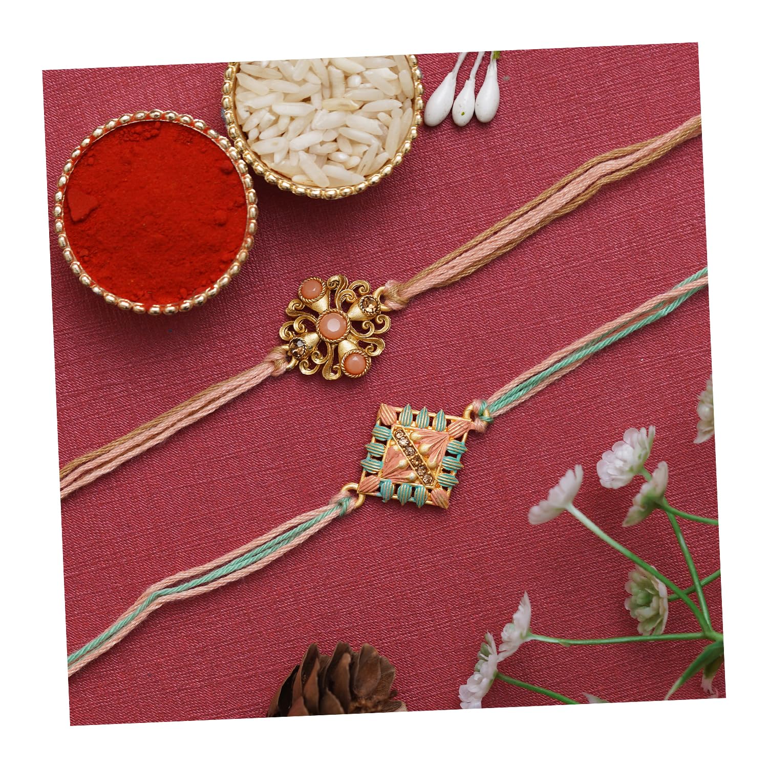 eCraftIndia Set of 2 Peach, Green & Golden Pearls, Diamonds Designer Rakhis with Roli Chawal Pack - Rakhi for Brother, Bhaiya, Bhai (B0C8NNF68R) Amazon Price History, Amazon Price Tracker