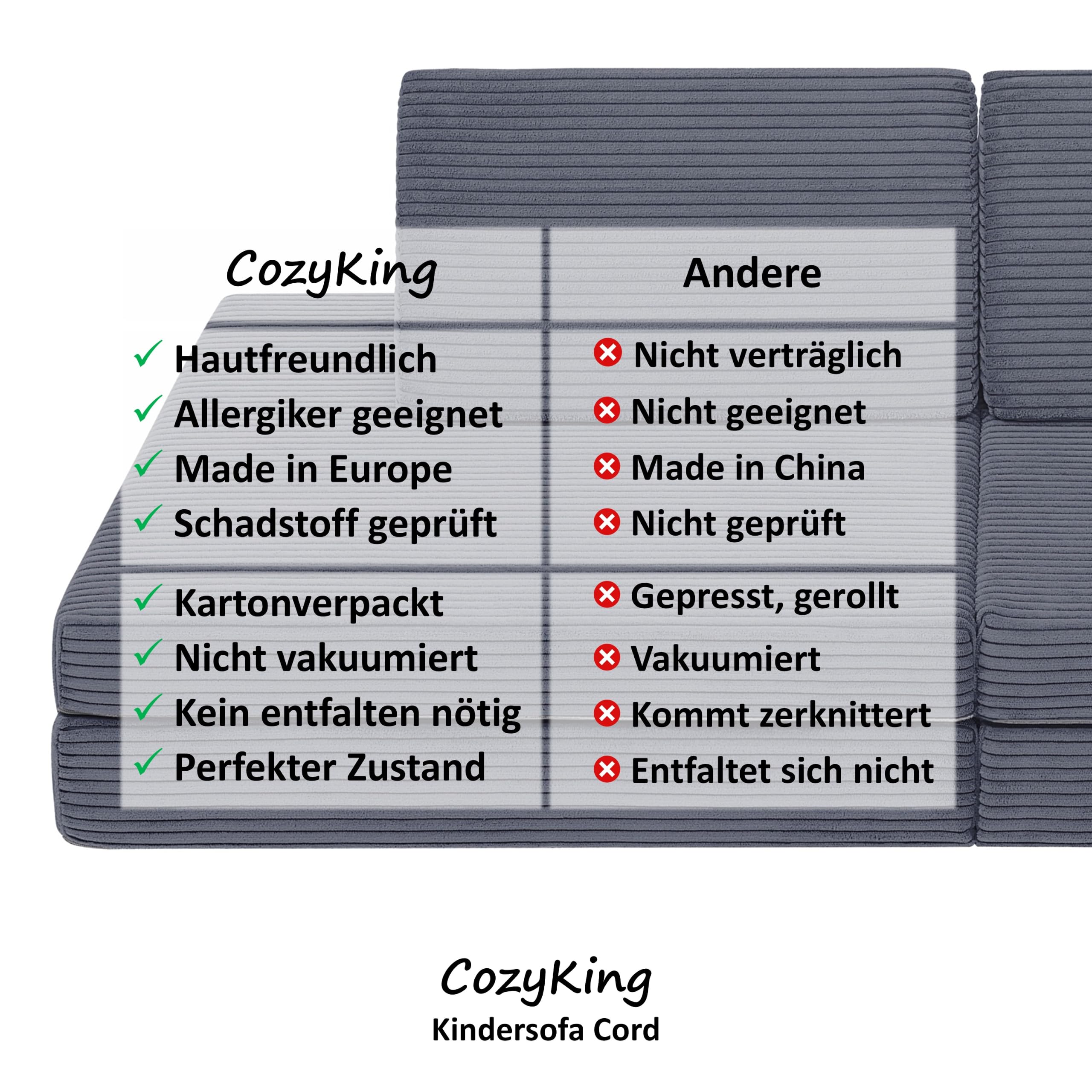 CozyKing Kindersofa in Cord grau – Weiches Spielsofa für Kinder mit abnehmbarem & waschbarem Bezug – Vollschaumkern, atmungsaktiv, Made in EU, ideal fürs Kinderzimmer