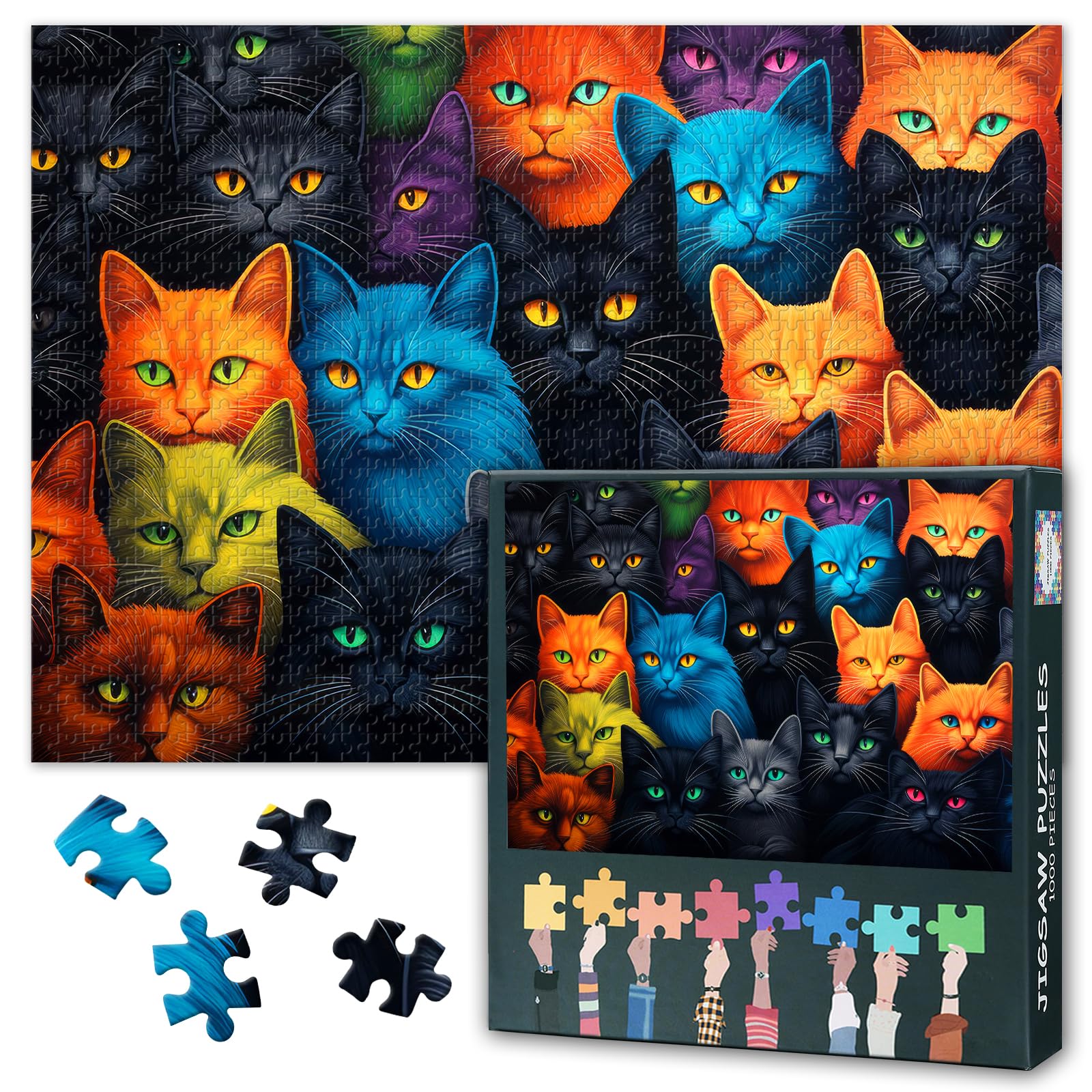 Colorful Kitten 1000-Piece Puzzle - Cute Cats Feline Domestic 50x70cm Collectible Literary Art for Wall Decor, Creative Family Activities & Cat Lovers