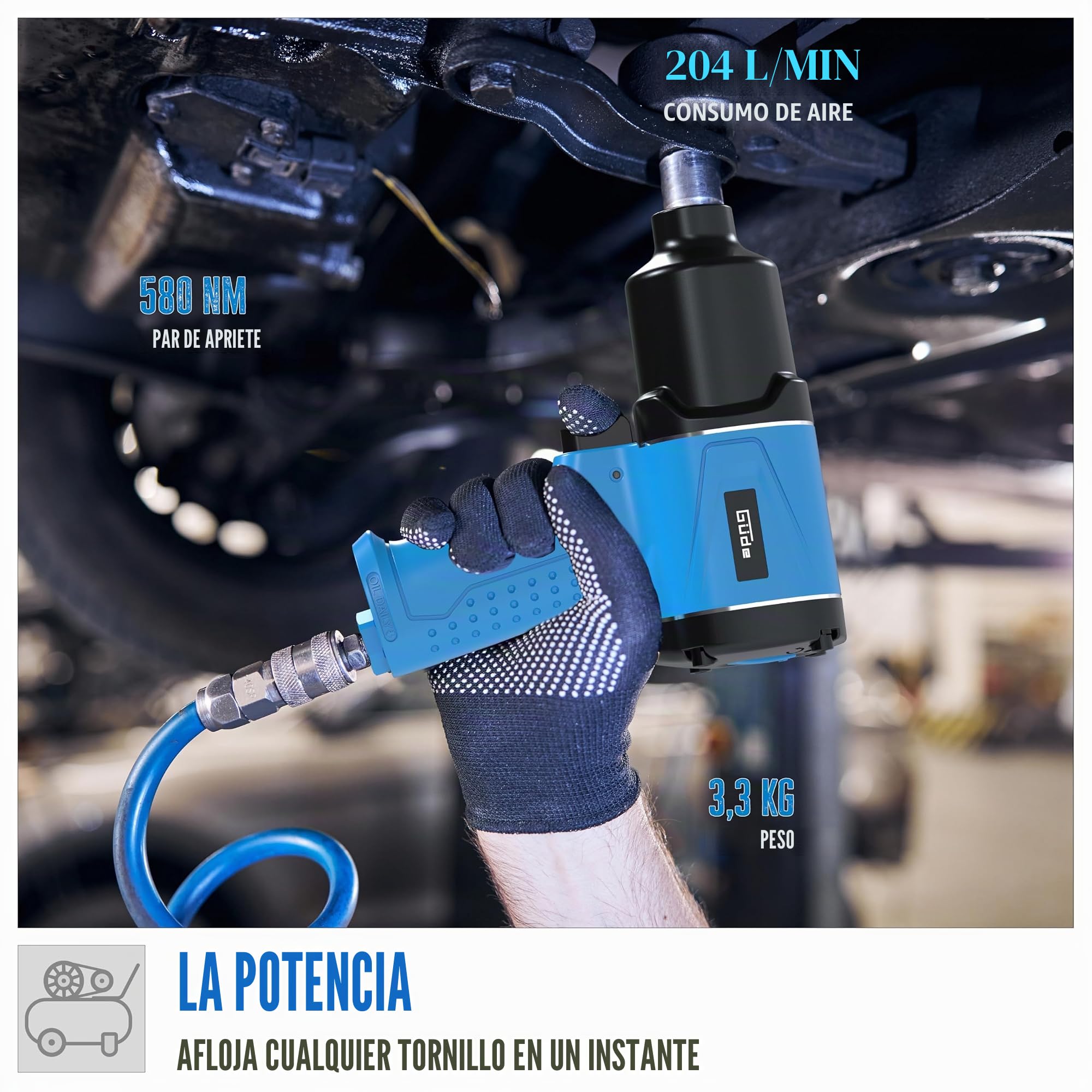 Güde Juego de llaves de impacto neumáticas (rosca de conexión IG 1/4", presión de presión de 6 bar, aire de 204 l/min, 150/300/569 Nm, par máximo de 580 Nm, incluye 10 llaves de vaso, alargador, etc.)