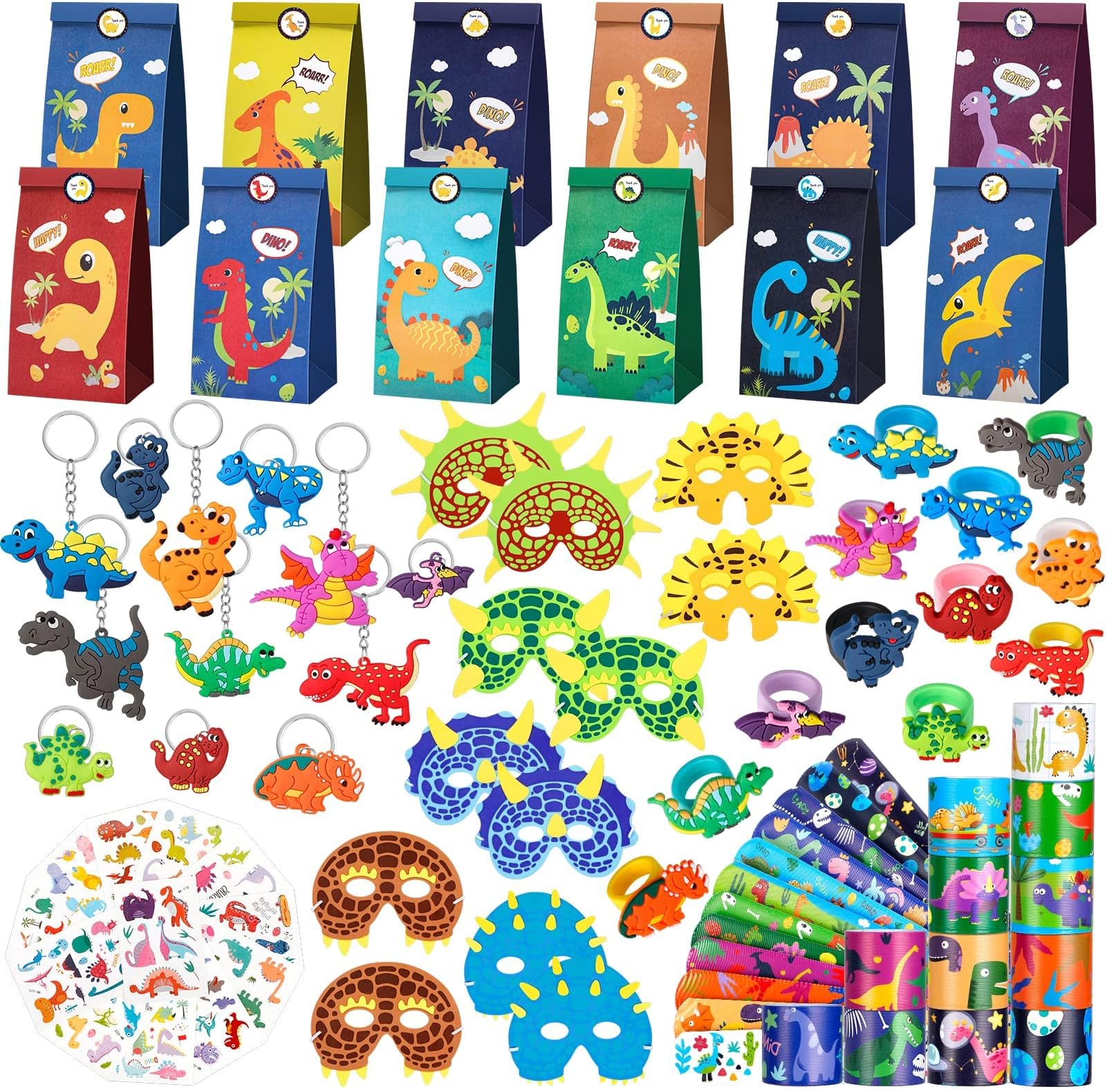 TMOHRA Dinosaur Party Favors for Kids,74 Pieces Dino Themed Party Supplies with Dinosaur Masks, Gifts Bags, Slap Bracelets, Keychains, Rubber Rings and Tattoos for Child Birthday,Goodie Bag Fillers