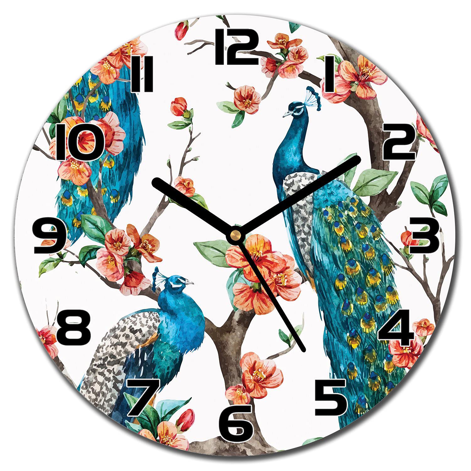 Horloge en verre aiguilles noires Coloray 30 cm motif artistique paons floraux