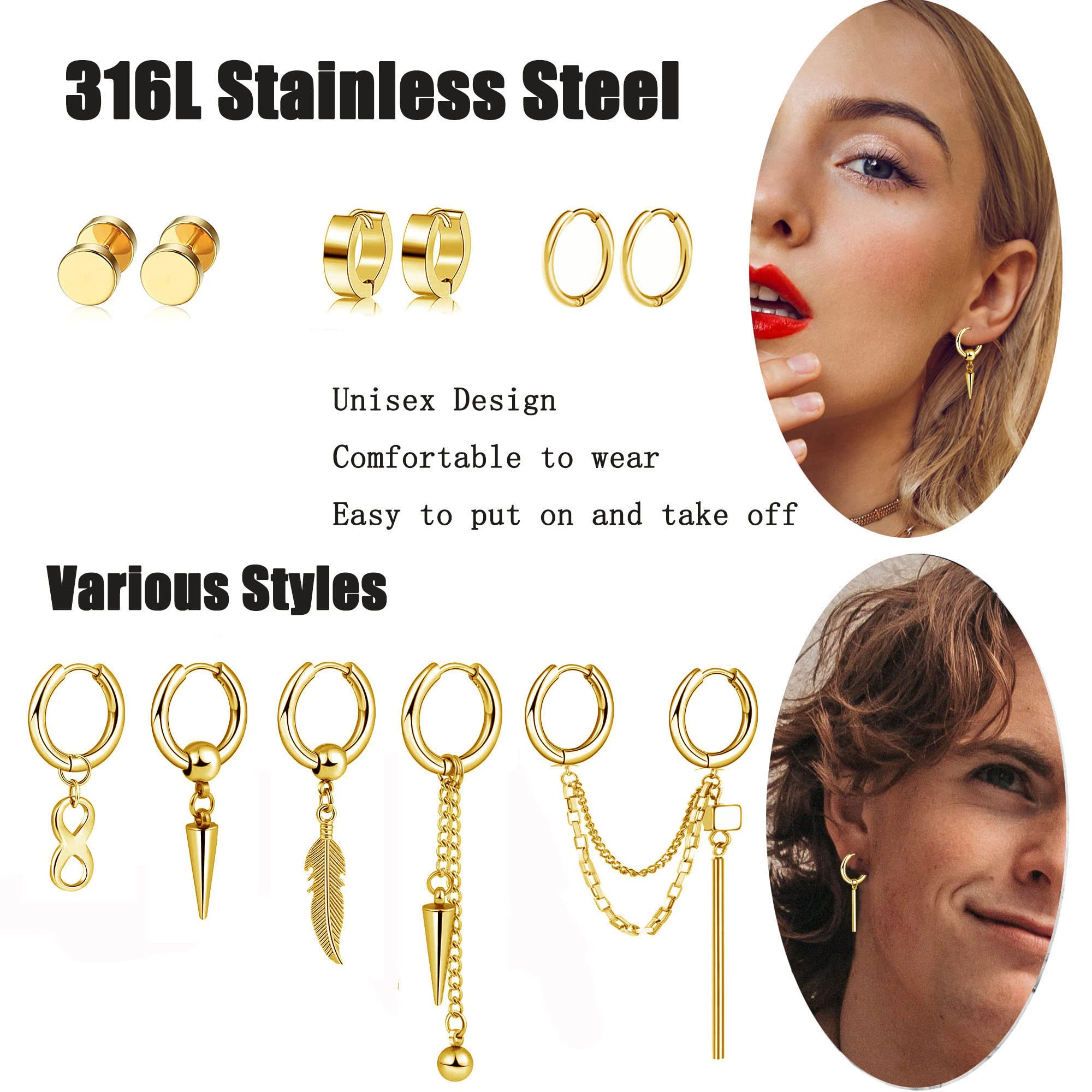 21Pièces Boucles d'Oreilles Créoles Pour Hommes Femmes en Acier Inoxydable Punk Boucles d'Oreille Pendante Croix Plume Zircone Ronde Clous d'Oreilles Cool Chaîne Kpop Boucles d'Oreilles