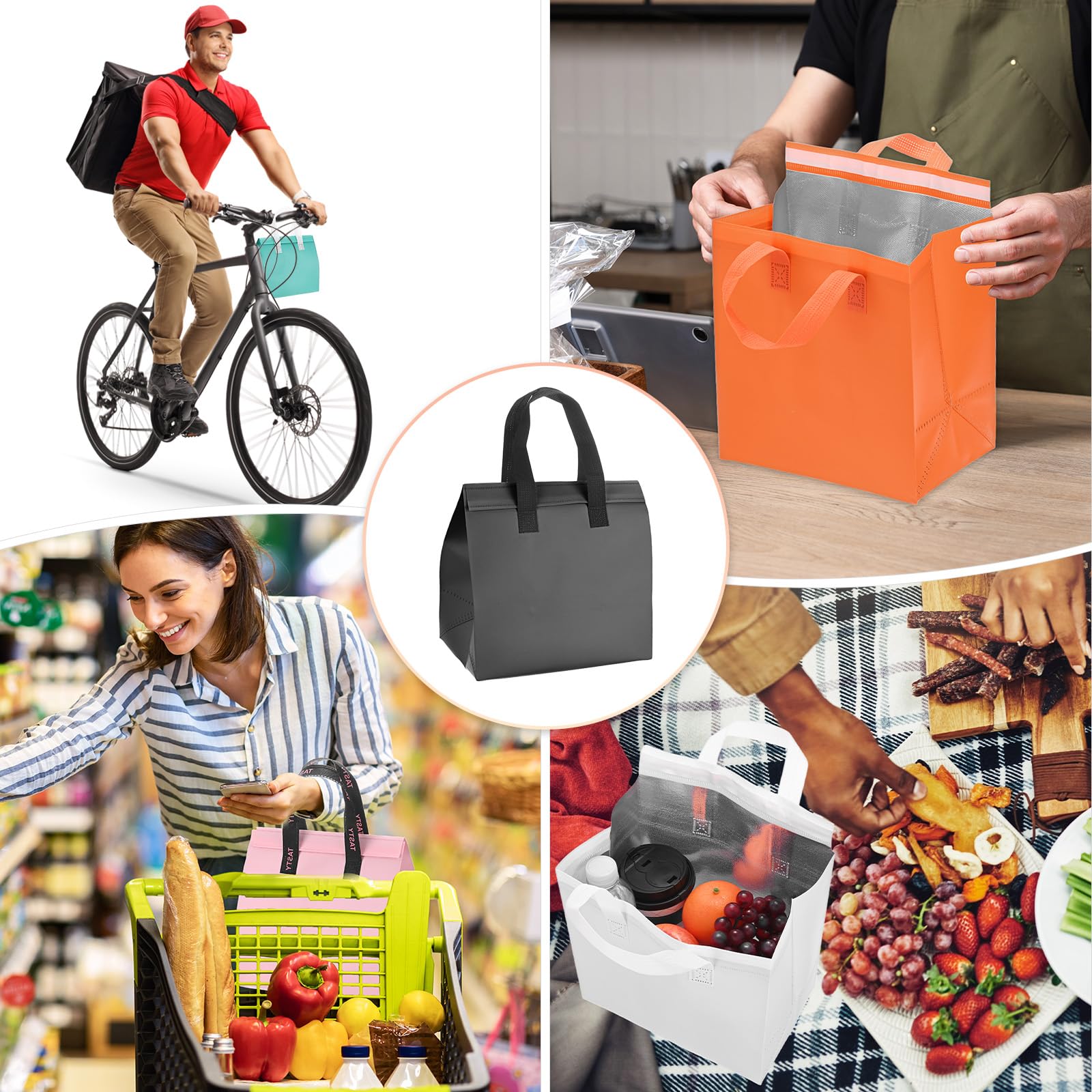 TIXIPEM Insulated Take Away Bags [20PCS] - Bulk Thermal Insulation Food Insulation Cooler Use for Hot Cold Food Frozen Deliver & Fresh Store Grocery Bags - [Black-9.4IN]