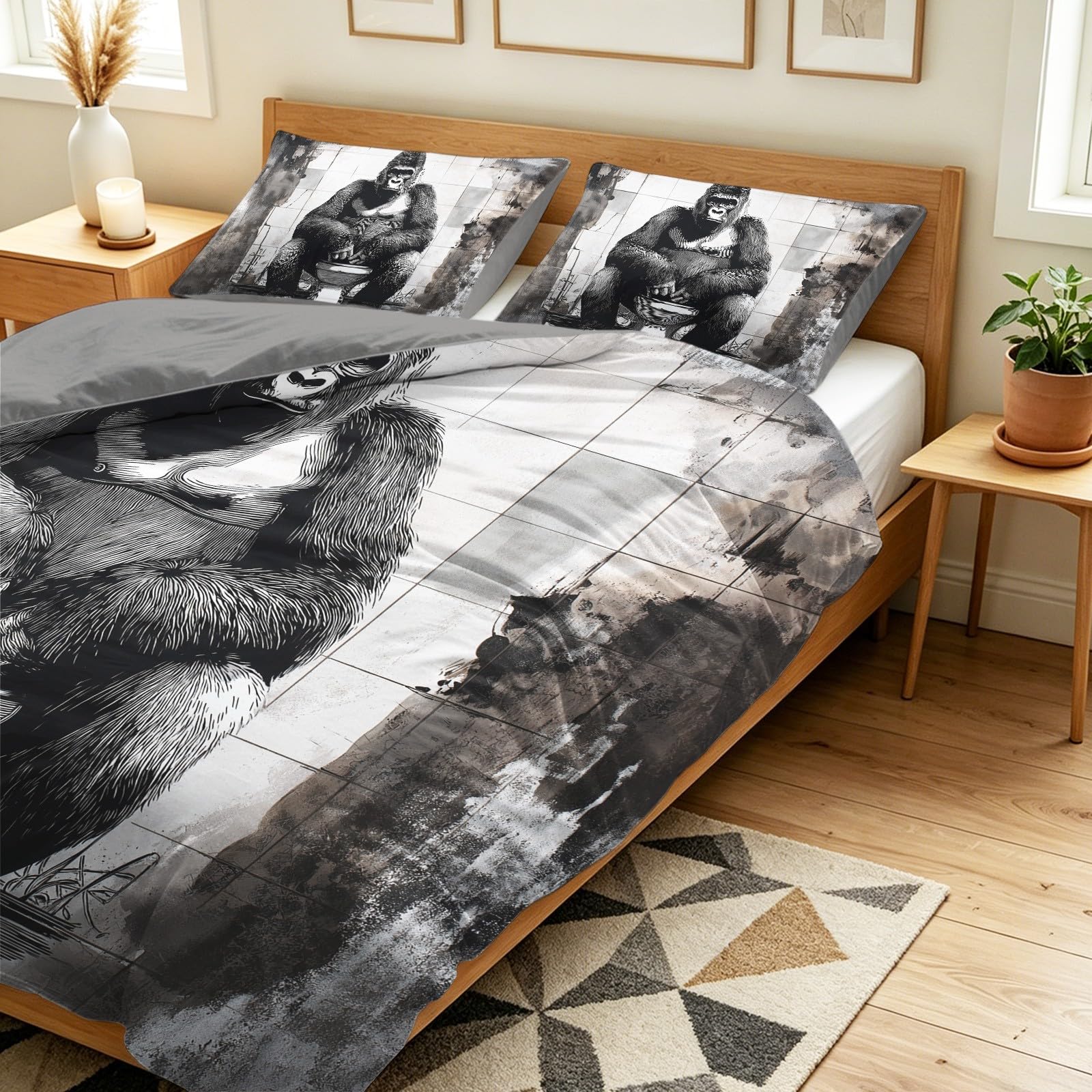 Générique Humorystyczna poszwa na kołdrę goryl surrealistyczne miejskie ruiny zwierzęta zestaw pościeli zestaw pościeli dzieci dorośli 260 x 240 cm z miękką poszewką na poduszkę Dekoracja sypialni