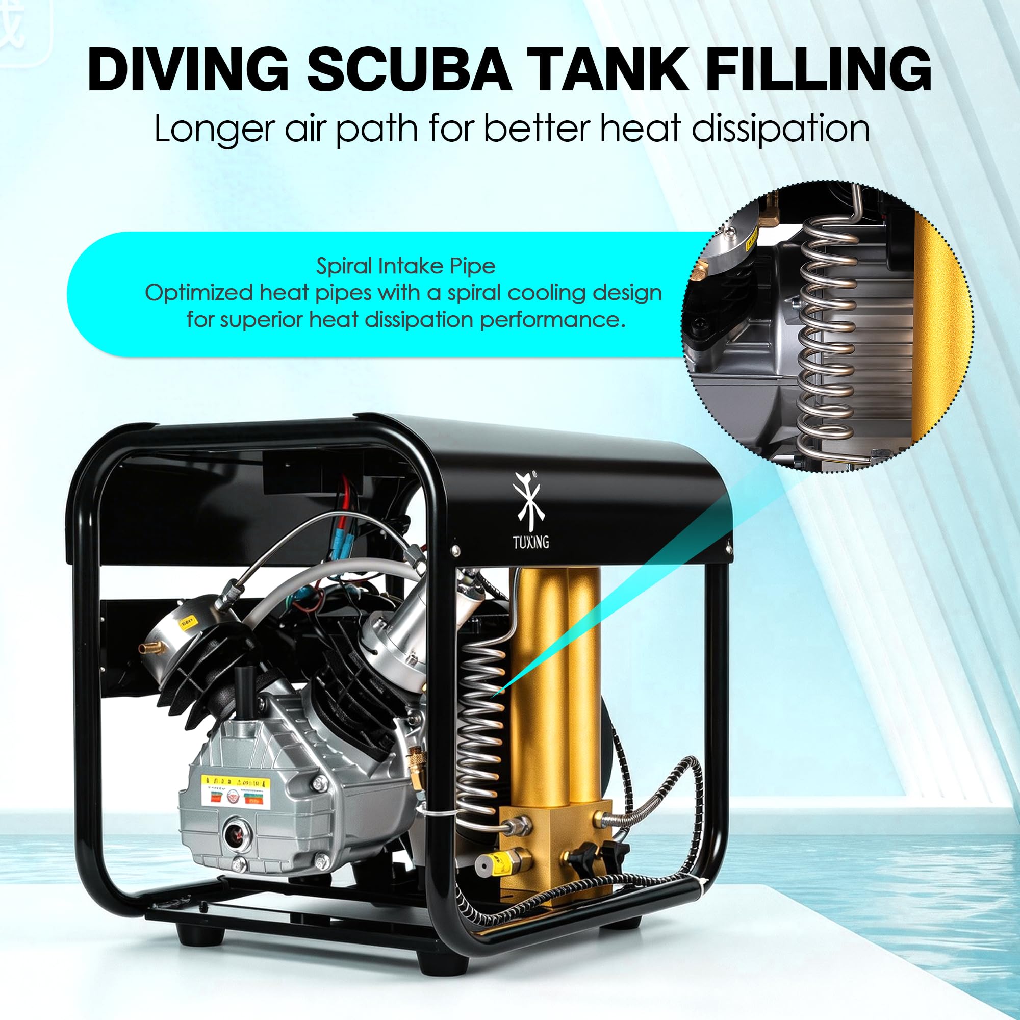 TUXING 4500Psi PCP-Luftkompressor, eingebauter zweistufiger Filter mit Wasser-Öl-Abscheider, Auto-Stopp-Version, zum Laden von Paintball-/Tauchflaschen, 220 V (TXEDM042)