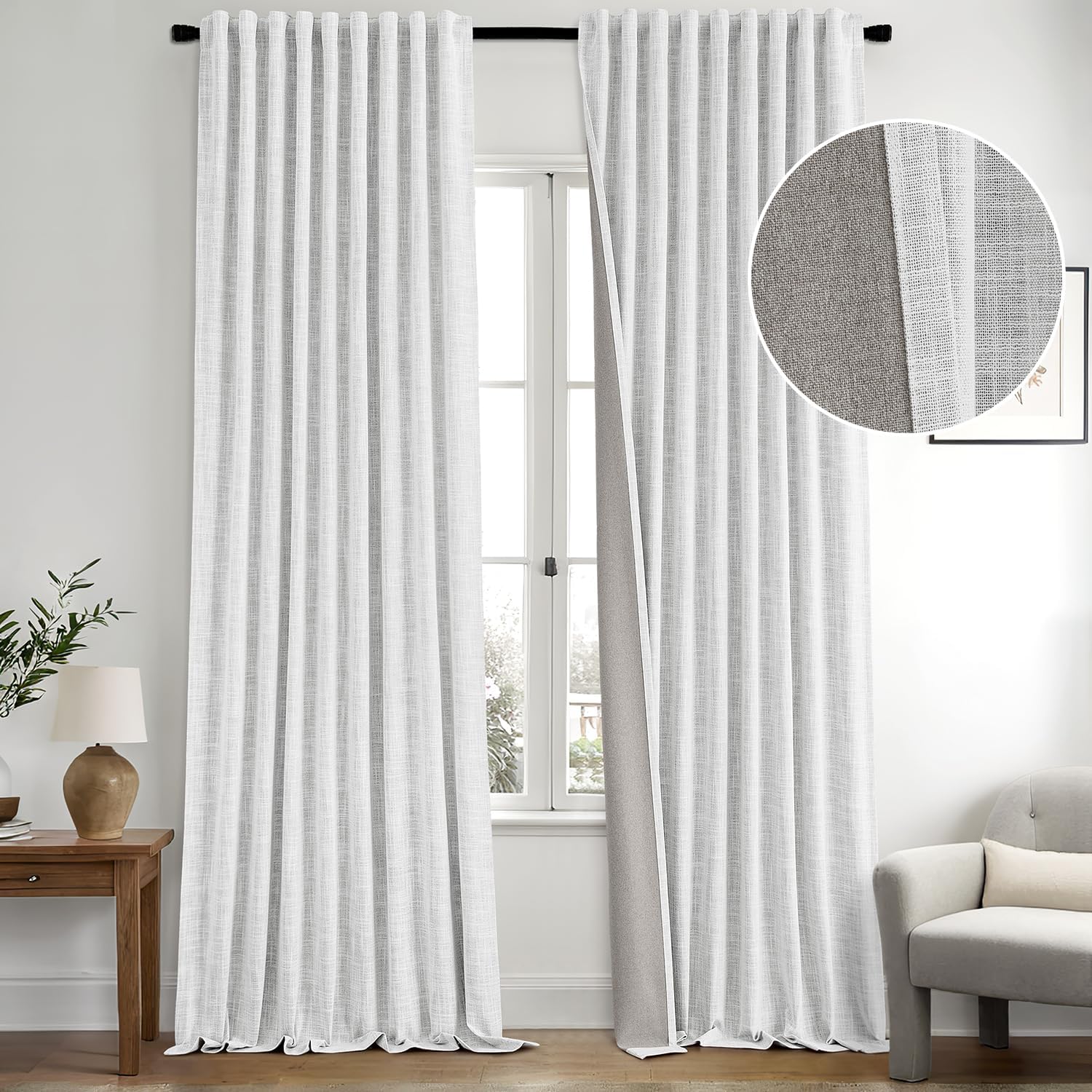 MIULEE Greyish White 100% Blackout Linen Curtains 108 Inch 2 Panels Set Double Sided No Coating Pleated Back Tab Black out Extra Long Thermal Insulated Pinch Pleat Bedroom Living Room Darkening Drapes Greyish White 52"W x 108"L (Pack of 2)