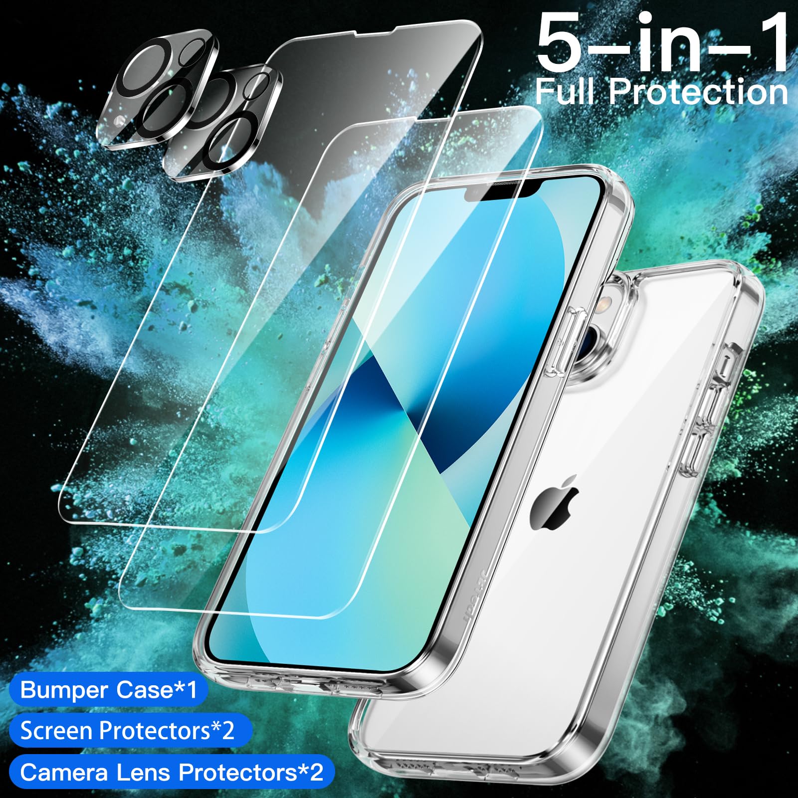 JETech 5 in 1 Cover per iPhone 13 6,1 Pollici, con 2 Pellicola Protettiva e 2 Protezione Fotocamera, Anti Ingiallimento, Vetro Temperato Film a Copertura Totale, Custodia Antiurto (Trasparente)