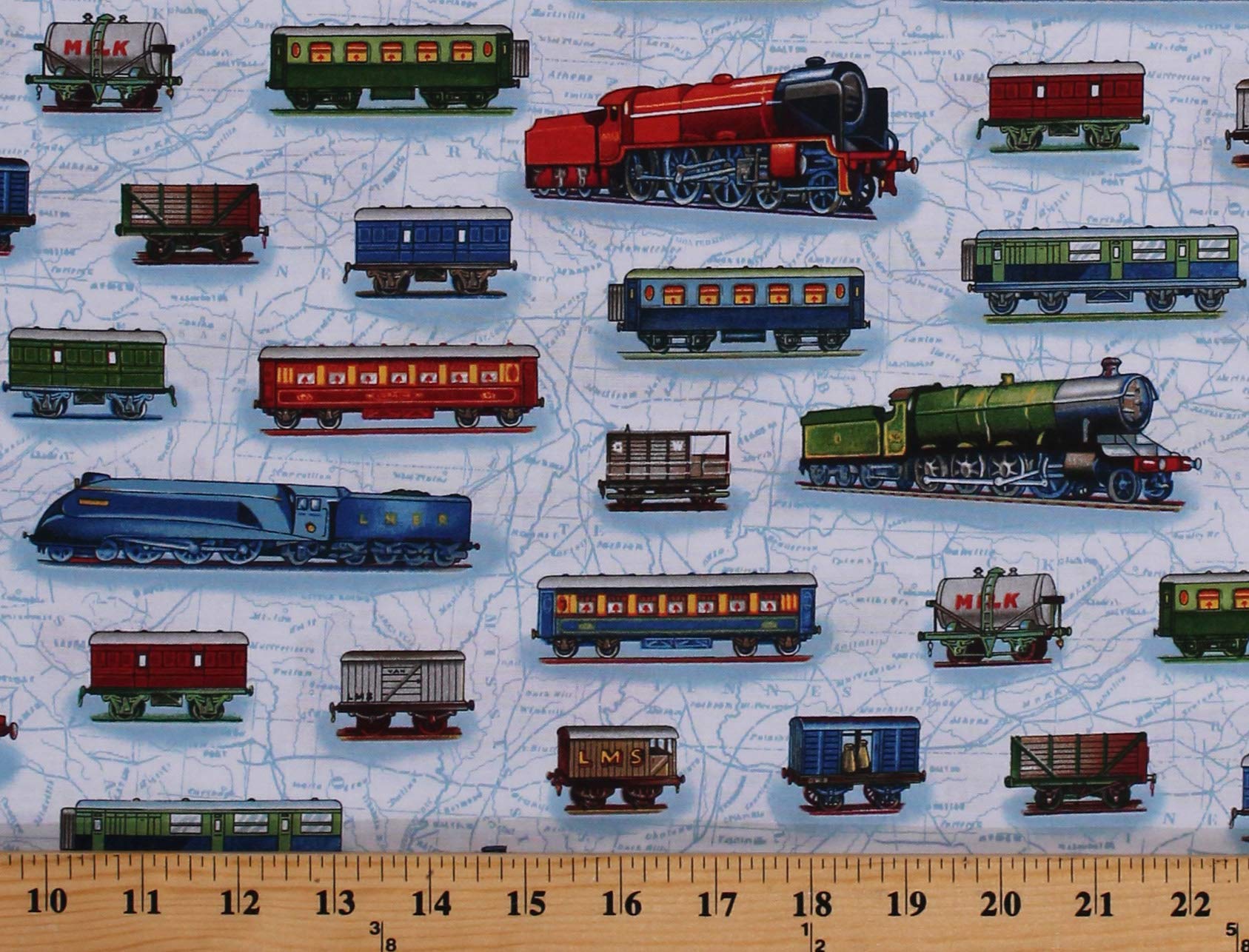 Cotton Trains Railroads Boxcars Travel Transportation All Aboard Cotton Fabric Print by The Yard (D562.27)