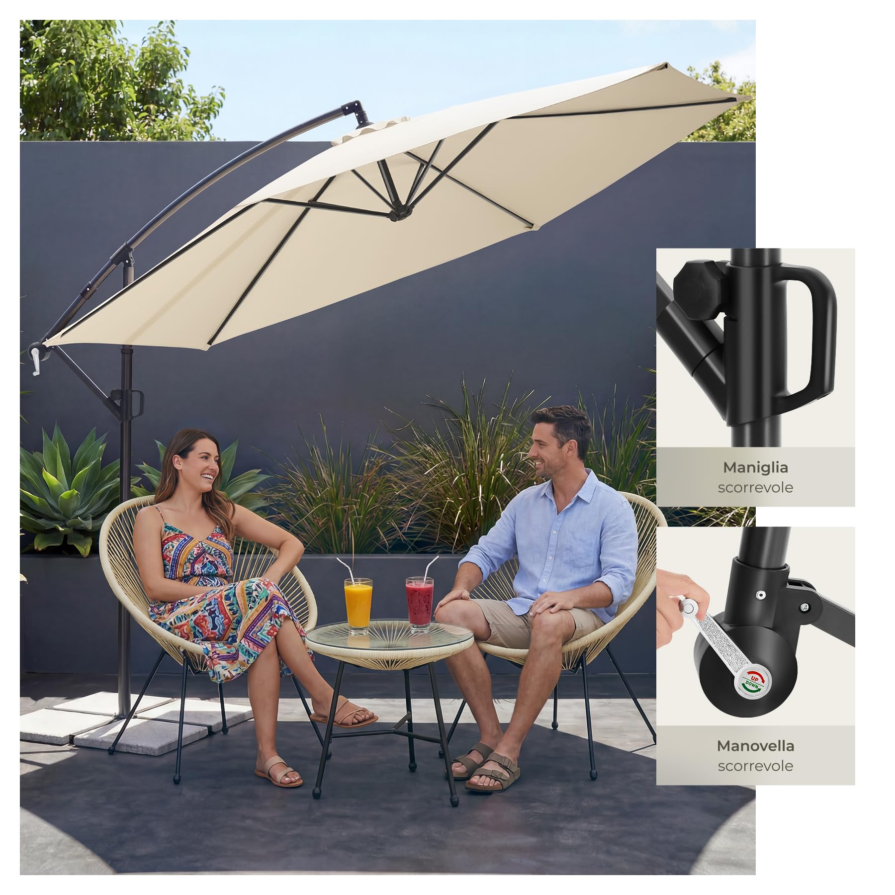 tectake Ombrellone da Giardino 3,5x3,5 m Braccio Girevole 360° Protezione UV 50+ Idrorepellente Inclinabile Base Acciaio