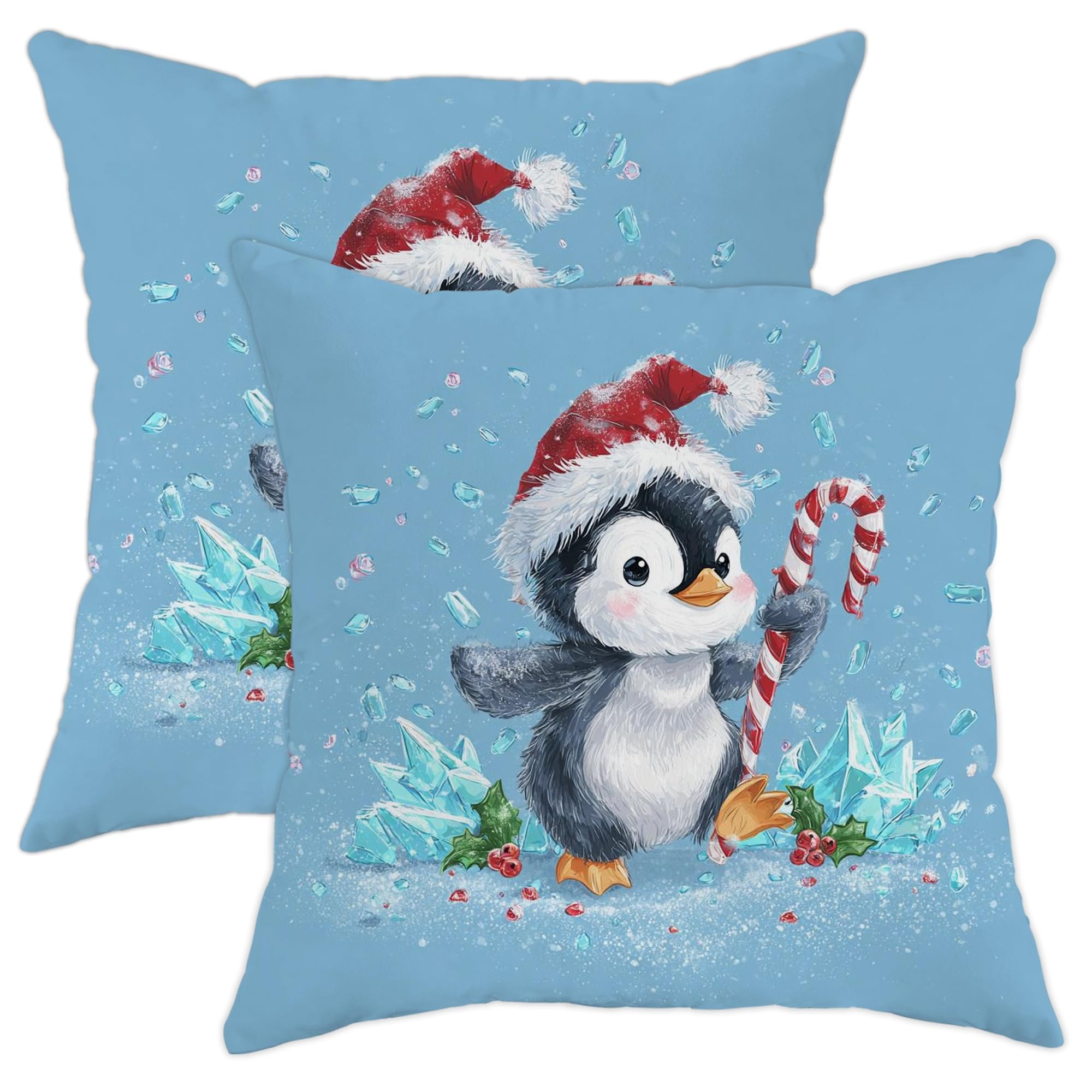 Christmas Penguin Throw Pillow Covers Set of 2, Light Blue Cute Animal Cushion Cases, Holiday Decorative Square Covers for Home Sofa Bed Couch 18x18 Inch