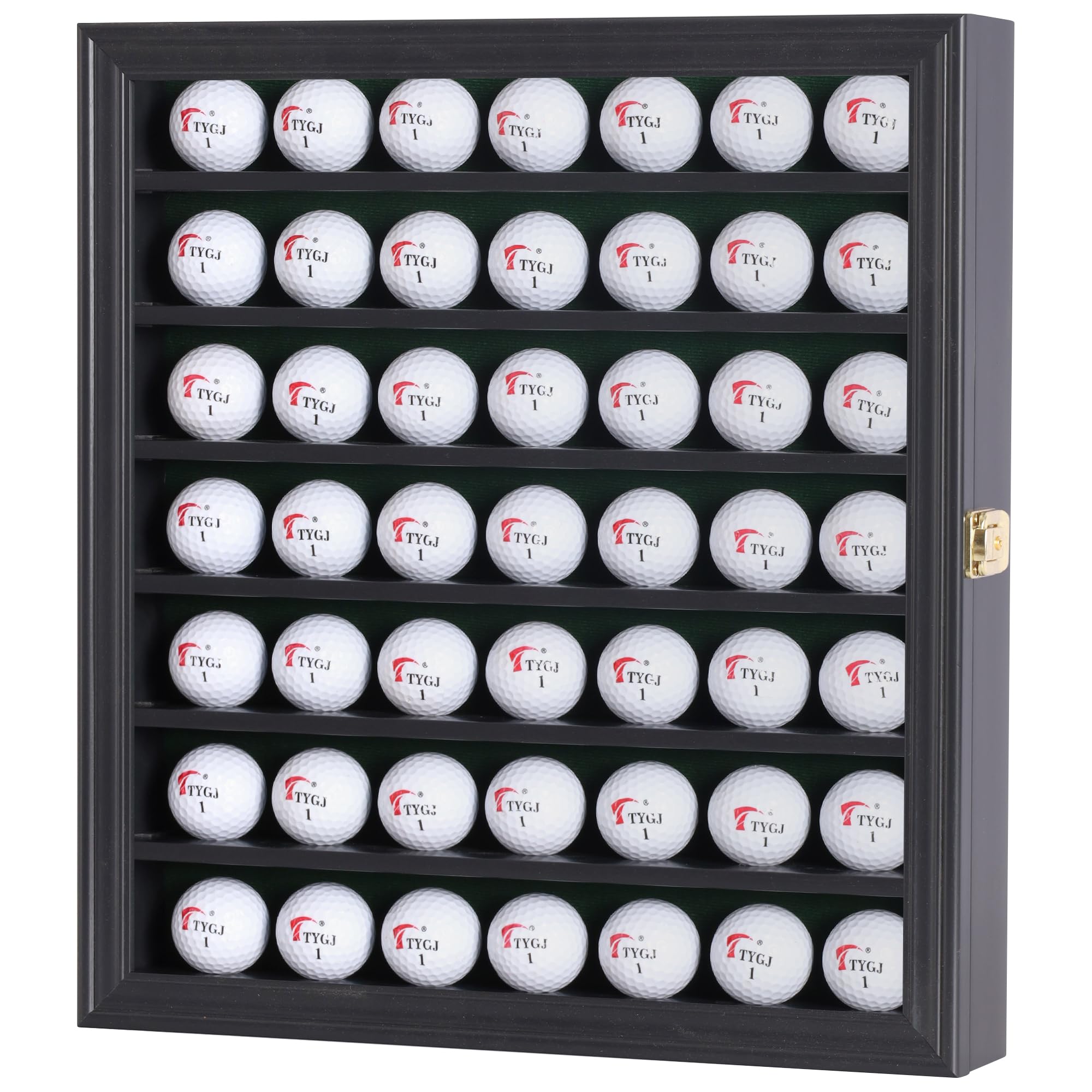 DisplayGifts 49 Golf Ball Display Cabinet Stand Storage Wall Mounted 7 Shelves Display Case Shadow Box with Lockable Glass Door, Great Gift (49 Ball Holder, Black Finish)