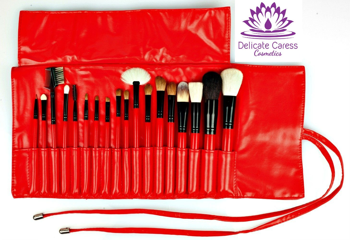 Cosmetic Makeup Brush Set of 18 Superior Quality Brushes in Red Rollup Travel Bag -