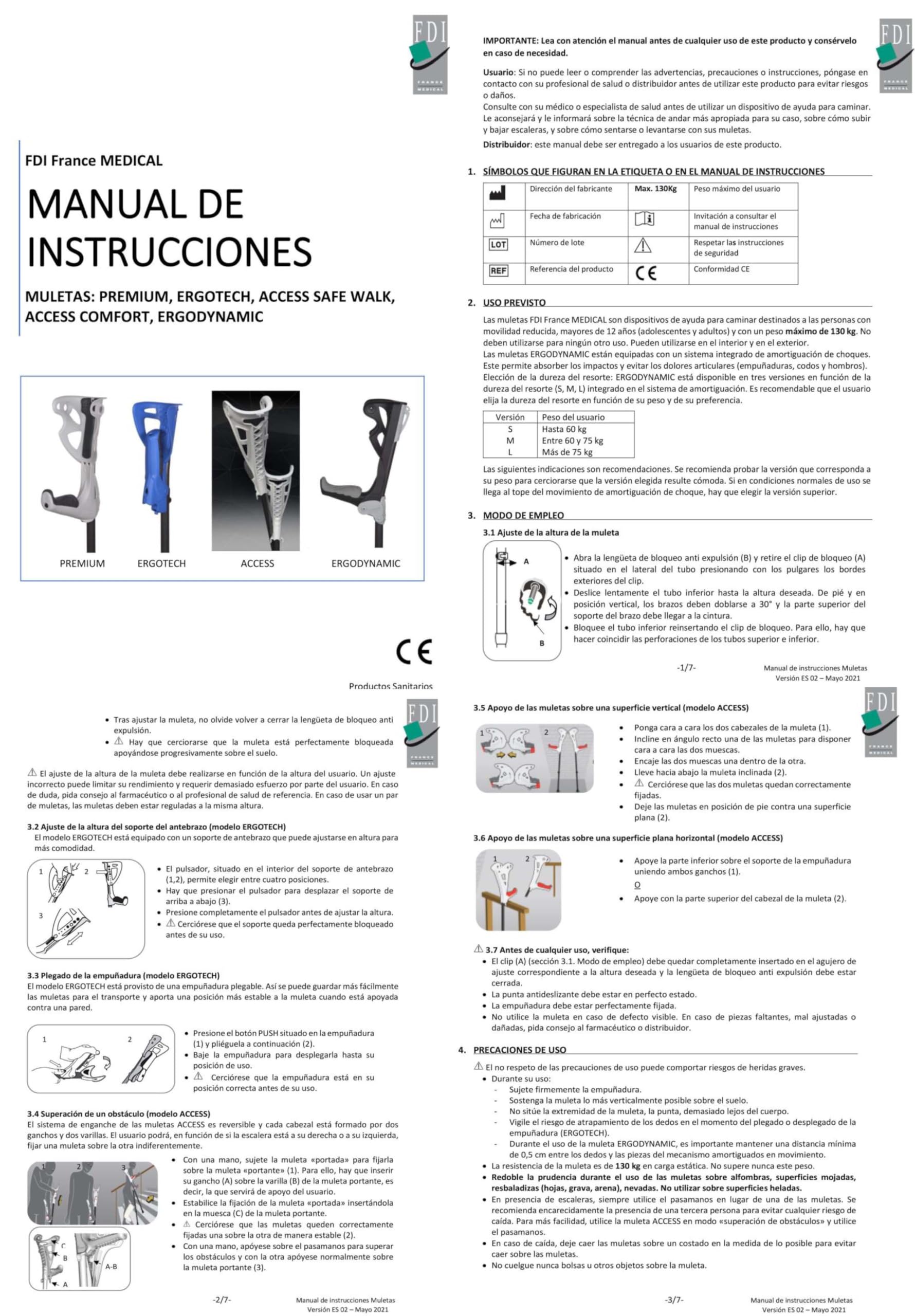 FDI - Muletas De Adulto Ergodynamic. Par De Muletas Regulables En Altura Con Amortiguación Y Empuñadura Suave. Ultraligeras De Aluminio. Color Negro. Talla L