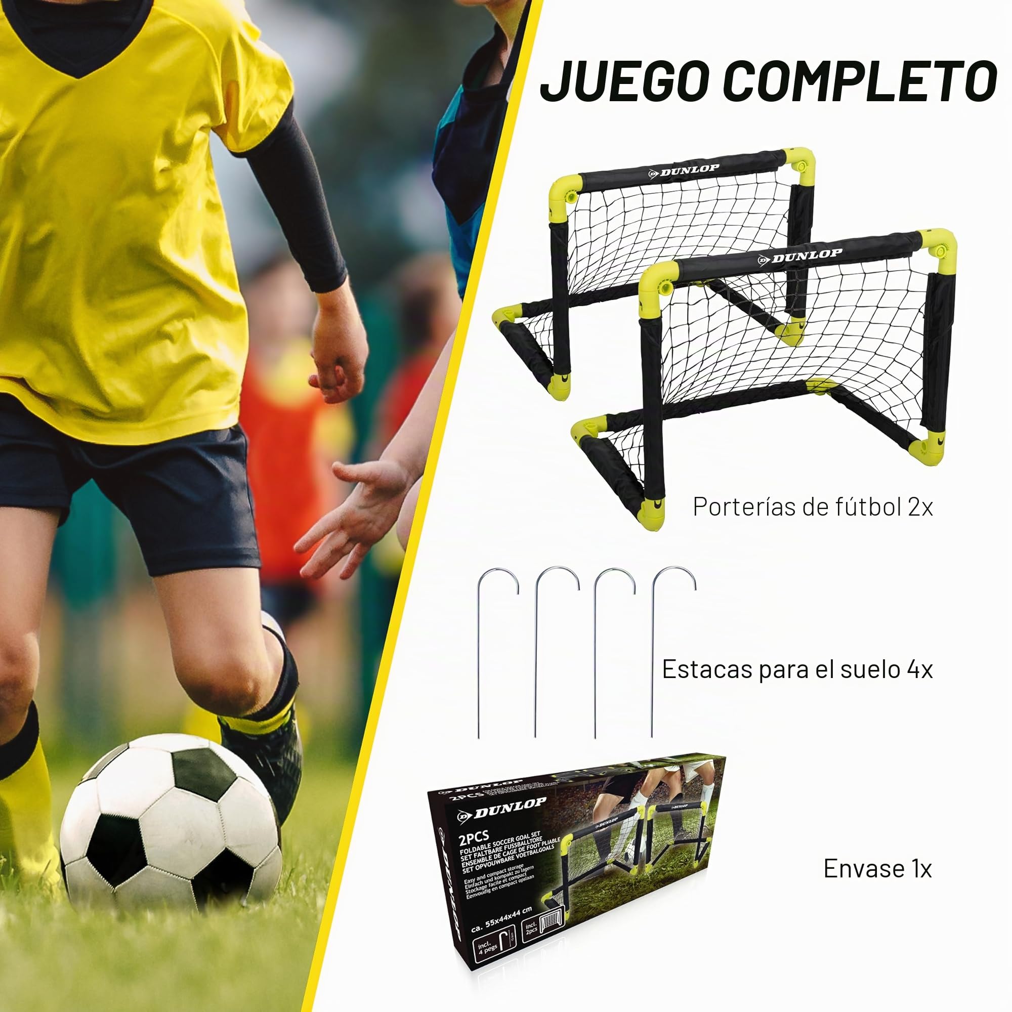 Dunlop Portería de fútbol plegable 50x44x44 cm Juego de 2 Kit de entrenamiento interior exterior Negro/Amarillo