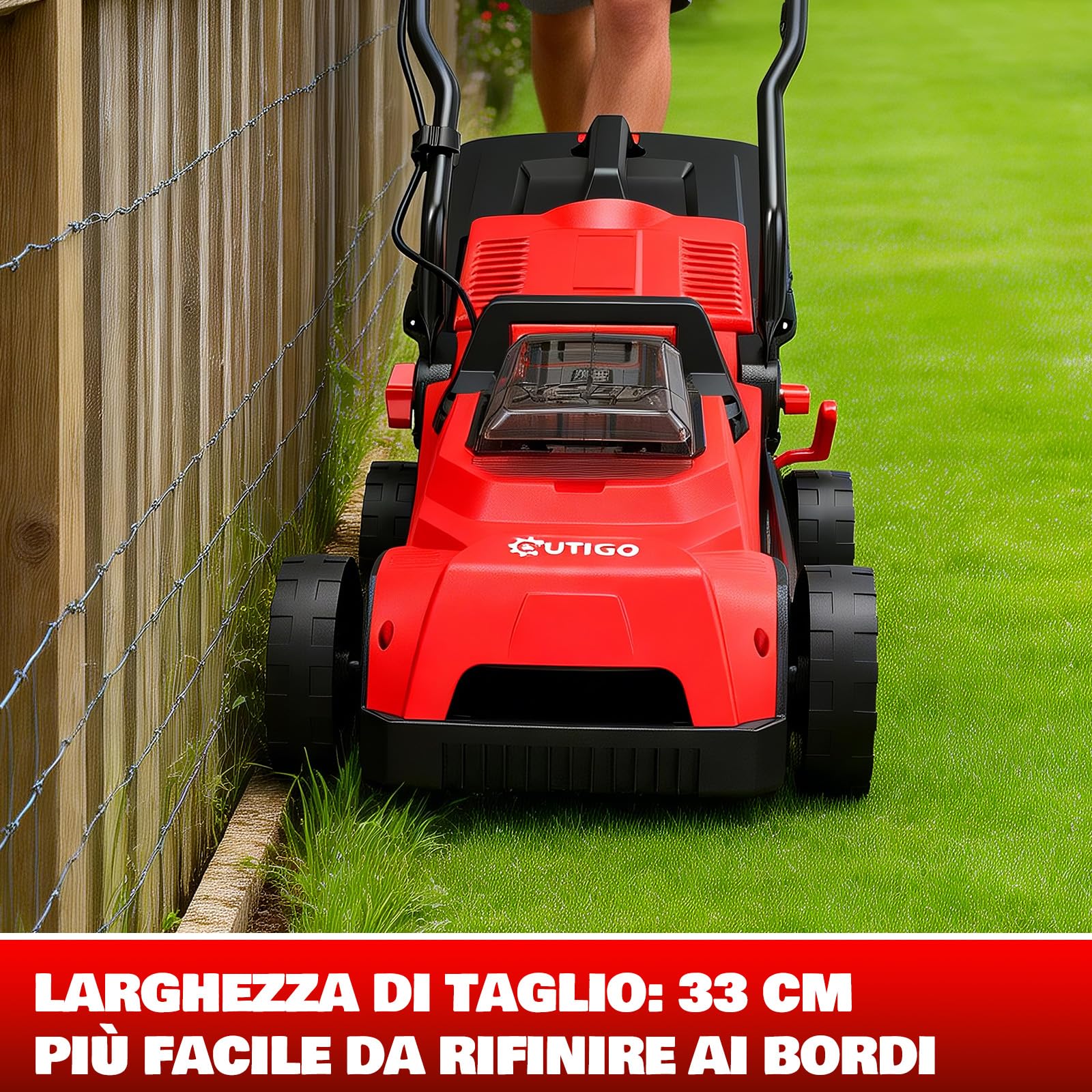 OUTIGO Tagliaerba a Batteria 21V, 5,0 Ah Inclusa, Larghezza di Taglio 33 cm, Autonomia 250 m², Cesto Raccoglierba 32 L, Altezza di Taglio Regolabile 25-65 mm