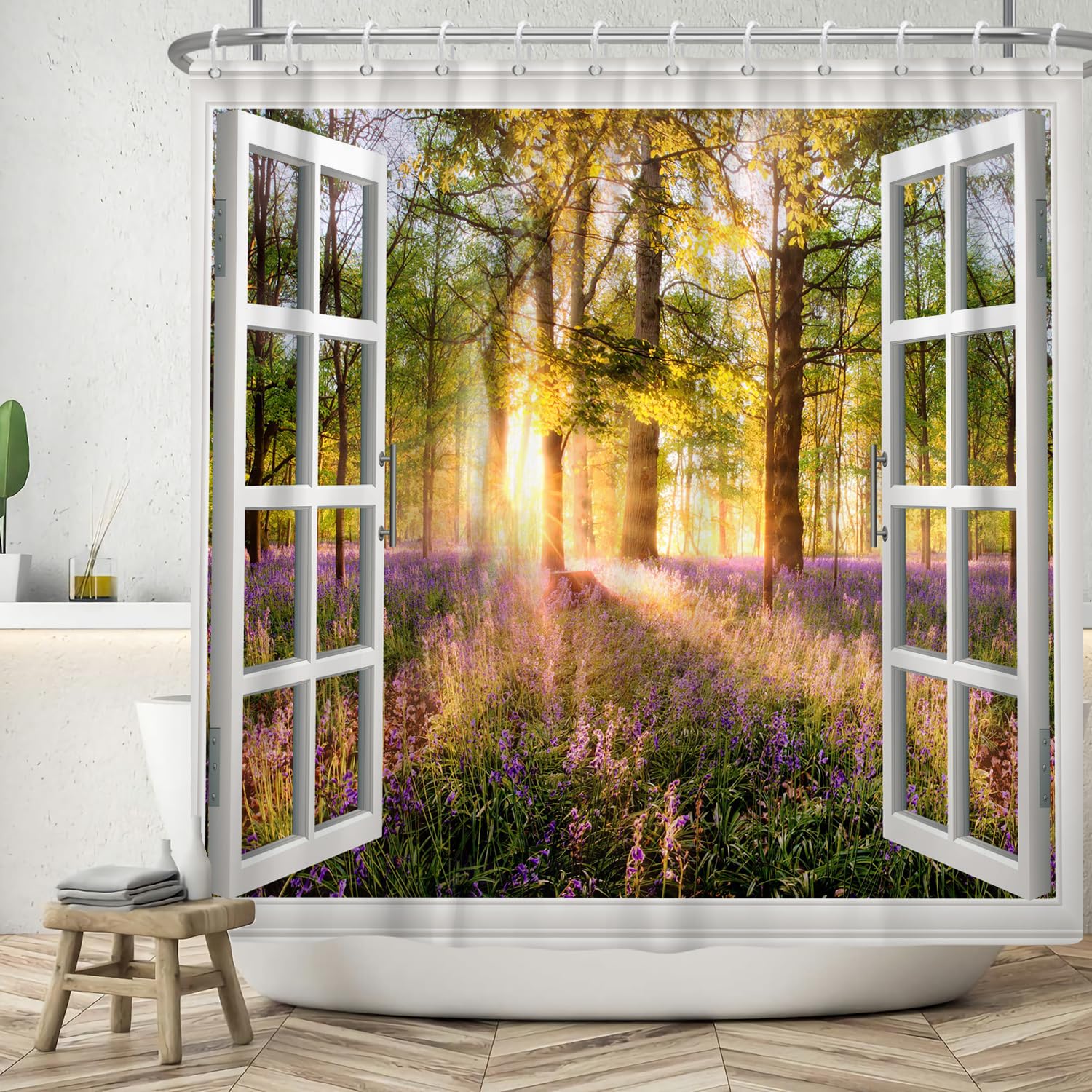 ASDCXZ Window View Shower Curtain 180x220 cm, Spring Purple Flowers Green Forest Jungle Sunshine Bath Washable Shower Curtains Polyester Textile Waterproof Bath Curtain for Bathtub with 12 Hooks — image 1