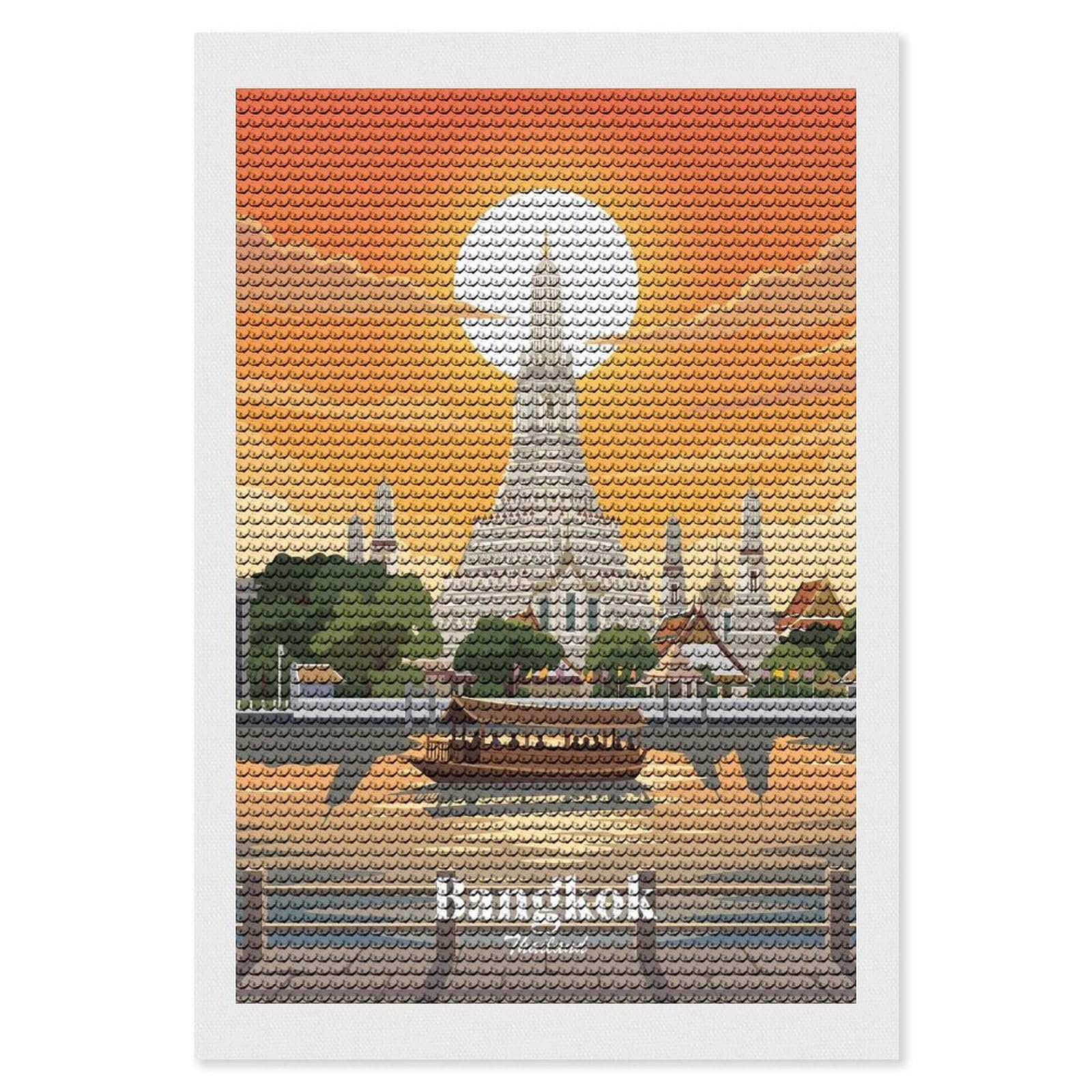 Junmoney Bangkok Thailand Wat Arun Sunset Diamond Painting Set 8"x12", Arts and Crafts, Wall Art Gift, Full Kit Included, Relaxing Handmade Project