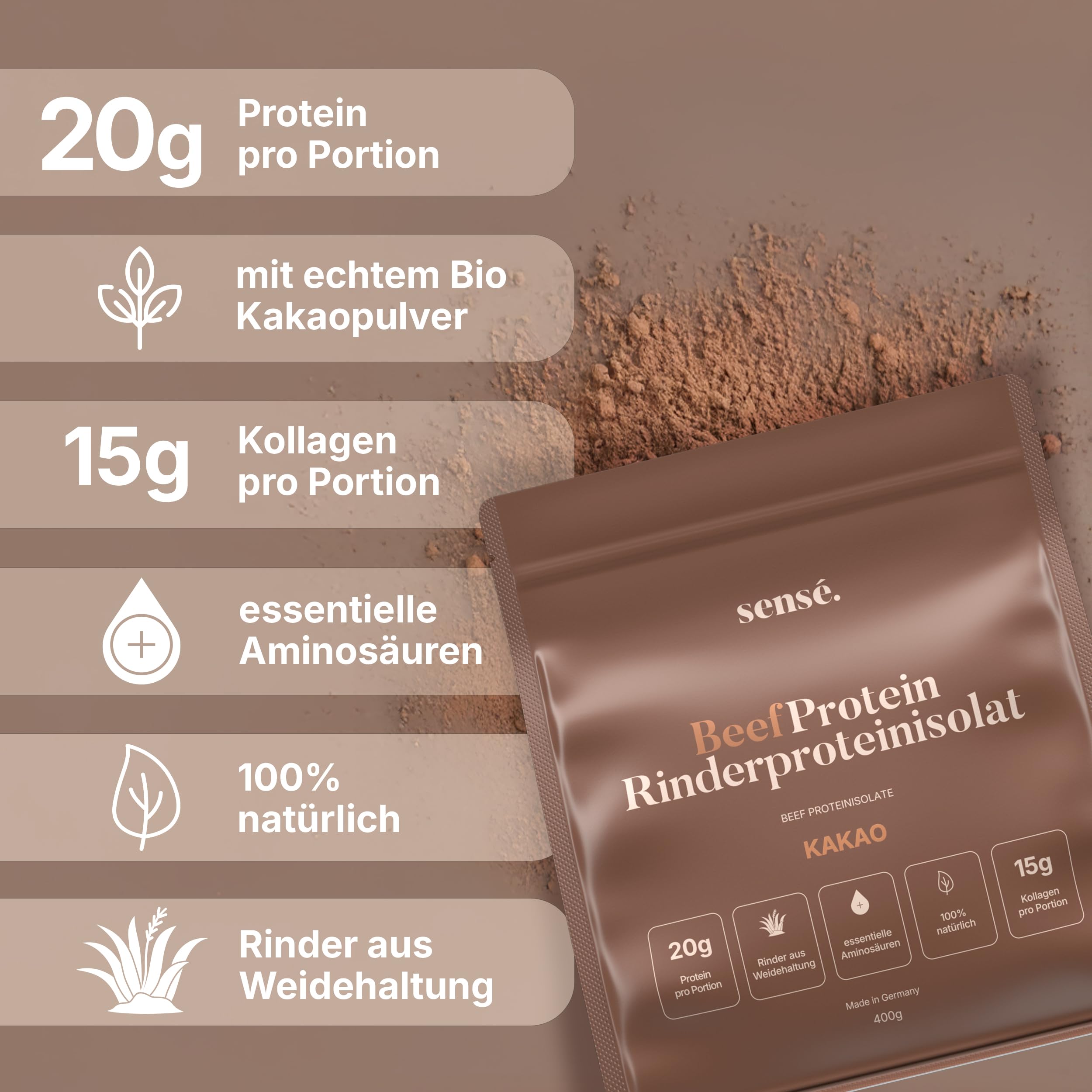 Sensé. Rinderprotein Pulver Kakao 400g -100% natürlich | 20g Protein | 10% Kakaopulver & Flohsamenschalen | Bioaktiv | Kollagen 1,2+3 | Knochenbrühe vom Weiderind | Bone Broth | Made in Germany