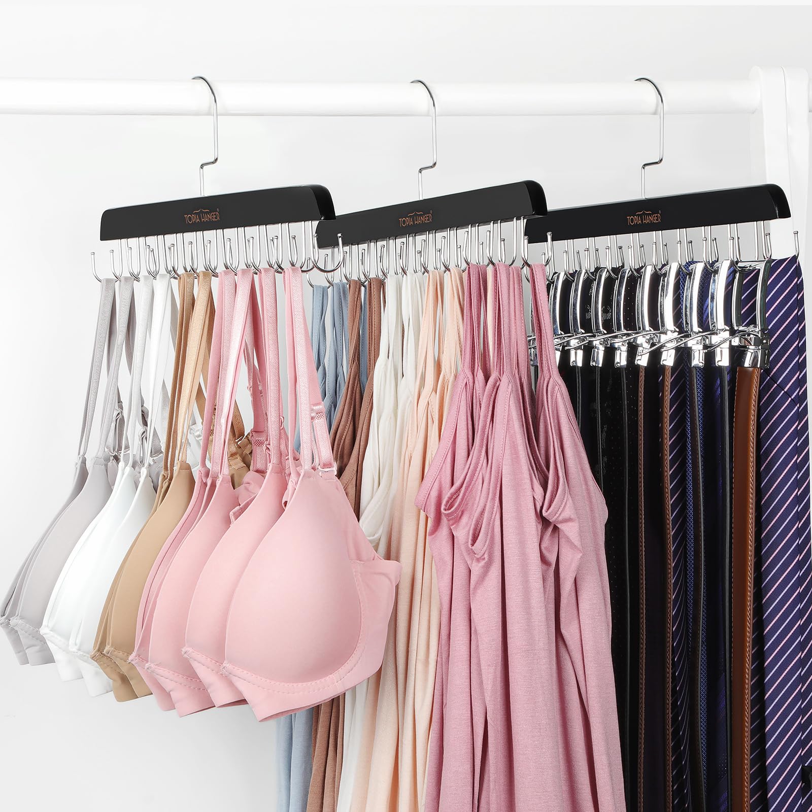 TOPIA HANGER Bra Hanger for Closet, 2 Pack Tank Top Hangers 40 Hooks Capacity Foldable Wood Space Saving Hangers Closet Organizer for Tank Top, Bra, Scarf, Belt, Tie etc - CT46B-2
