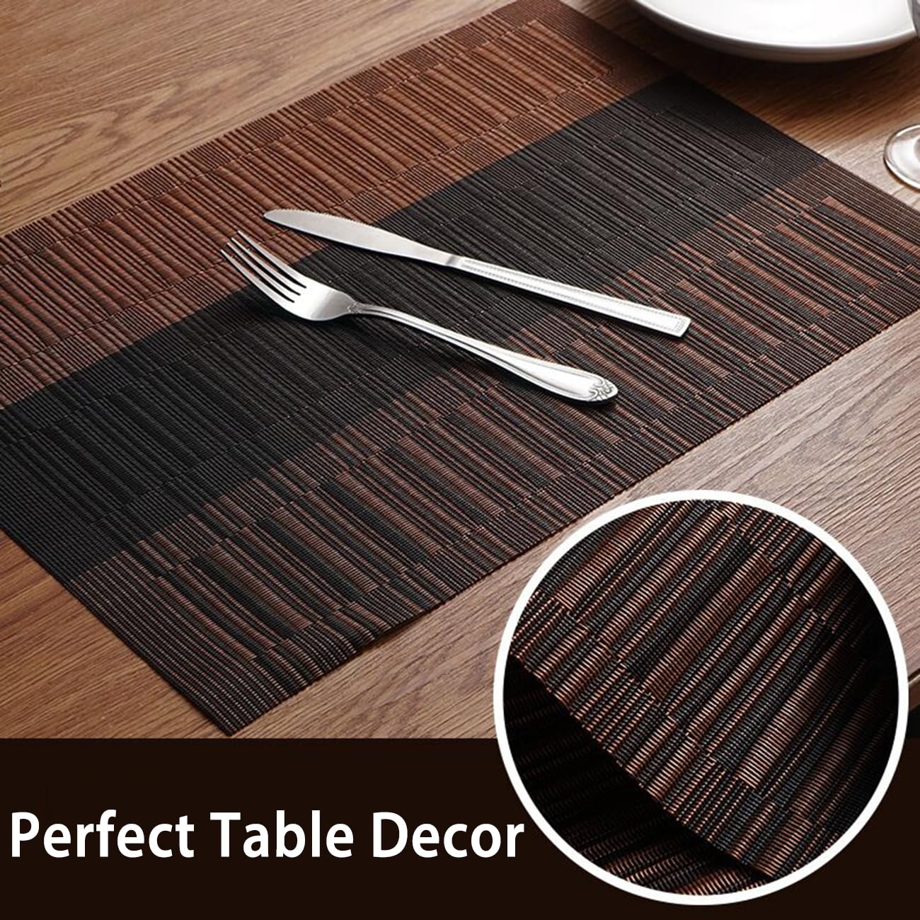 ADRIMER Tischsets Set mit Tischläufer, Küchentischmatte aus gewebtem Vinyl, abwischbare PVC-Tischmatte für Esstisch, Party, Bauernhaus, Thanksgiving, Weihnachten und Meeting (Braun)
