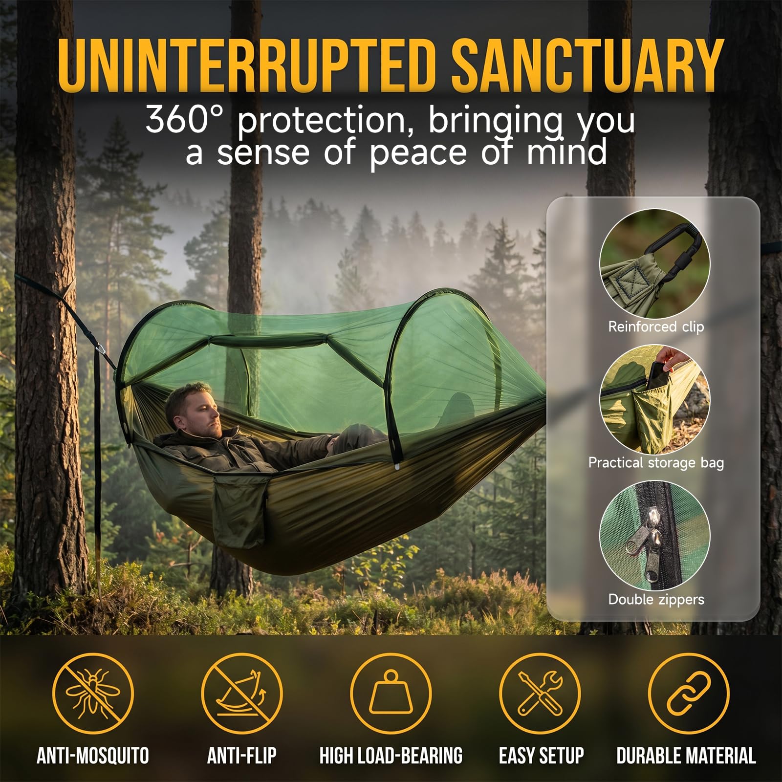 Hamac Ultra-léger de Voyage Camping, Hamac Moustiquaire - 300 kg, 260x140 cm, Hamac Camping, Inclut Sangles et Mousquetons - Idéal pour Camping, Jardin, Randonnée (Vert Militaire)