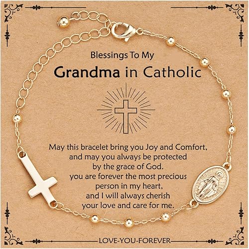 Catholic Virgin Mary Cross Bracelet Gifts for Girls Teens Women, Rosary Beads Charm Link Chain Bracelet Christmas Christian Religious Jewelry Gifts