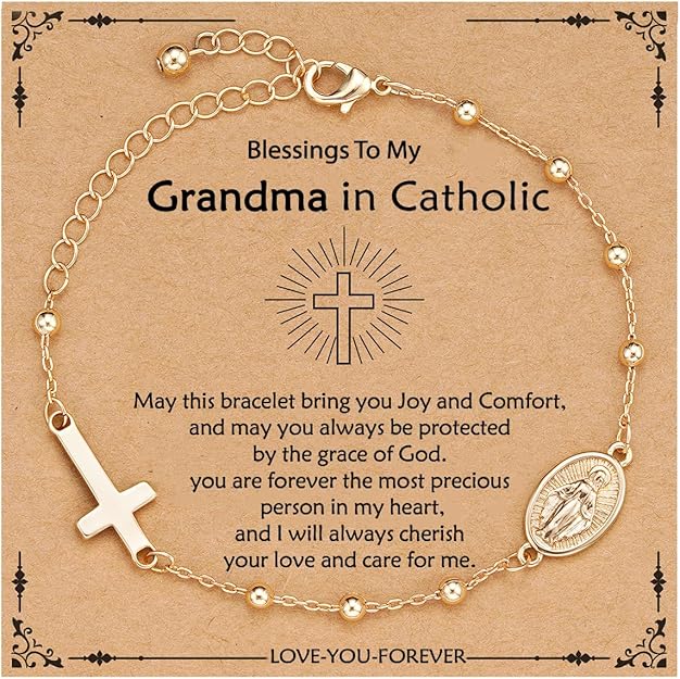Catholic Virgin Mary Cross Bracelet Gifts for Girls Teens Women, Rosary Beads Charm Link Chain Bracelet Christmas Christian Religious Jewelry Gifts