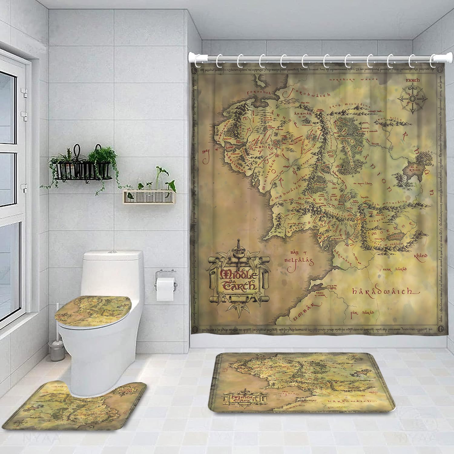 4 Pcs Vintage Shower Curtain Sets, Non-Slip Rugs Bath Mat Toilet Cover U Shaped Mat and Accessories, Middle Earth Map Home Decorative Waterproof Bathroom Set with 12 Hooks, 72 x 72 in
