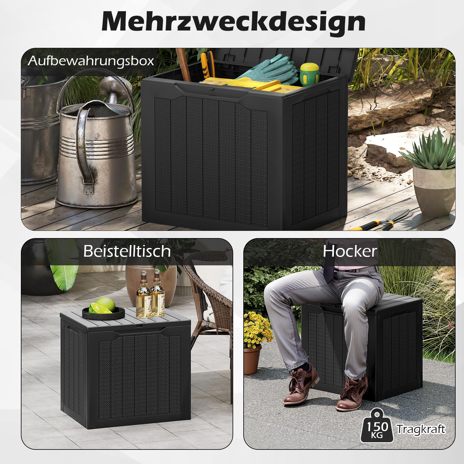 COSTWAY Gartenbox 106L, Auflagenbox mit abschließbarem Deckel & Rattanoptik, Wetterfeste Aufbewahrungsbox, Kissenbox für Poolzubehör, Gartengeräte, Pakete, Gartenmöbel, 56 x 41 x 50,5 cm (Schwarz)