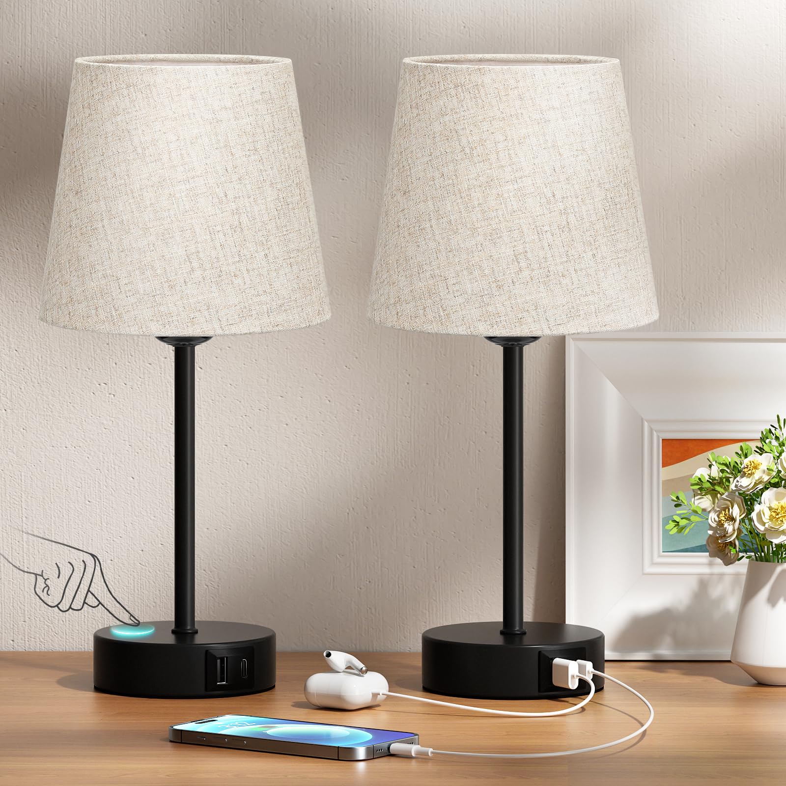 Nachttischlampe Touch Dimmbar 2er Set, Tischlampe mit Ladefunktion USB A+C-Anschlüssen 2 LED Birnen, Leinen-Lampenschirm, Kleine Lampe für Schlafzimmer Wohnzimmer Babyzimmer Büro