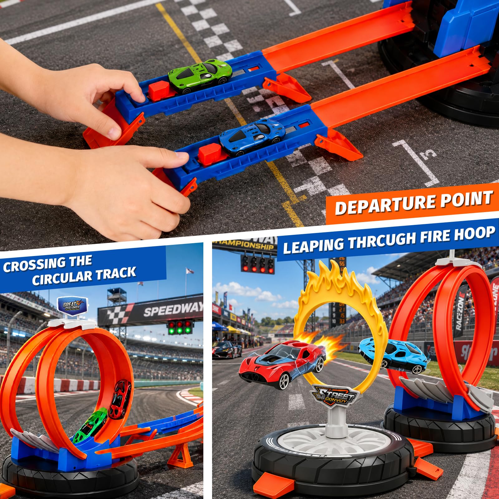Ronronner Circuit Voiture Transformable avec Boucle 360° & Anneau de Feu – Circuit Voiture Enfant Flexible, 6 Mini Voitures, Auto Spielzeug Circuit Électrique sans Pile pour Garçons