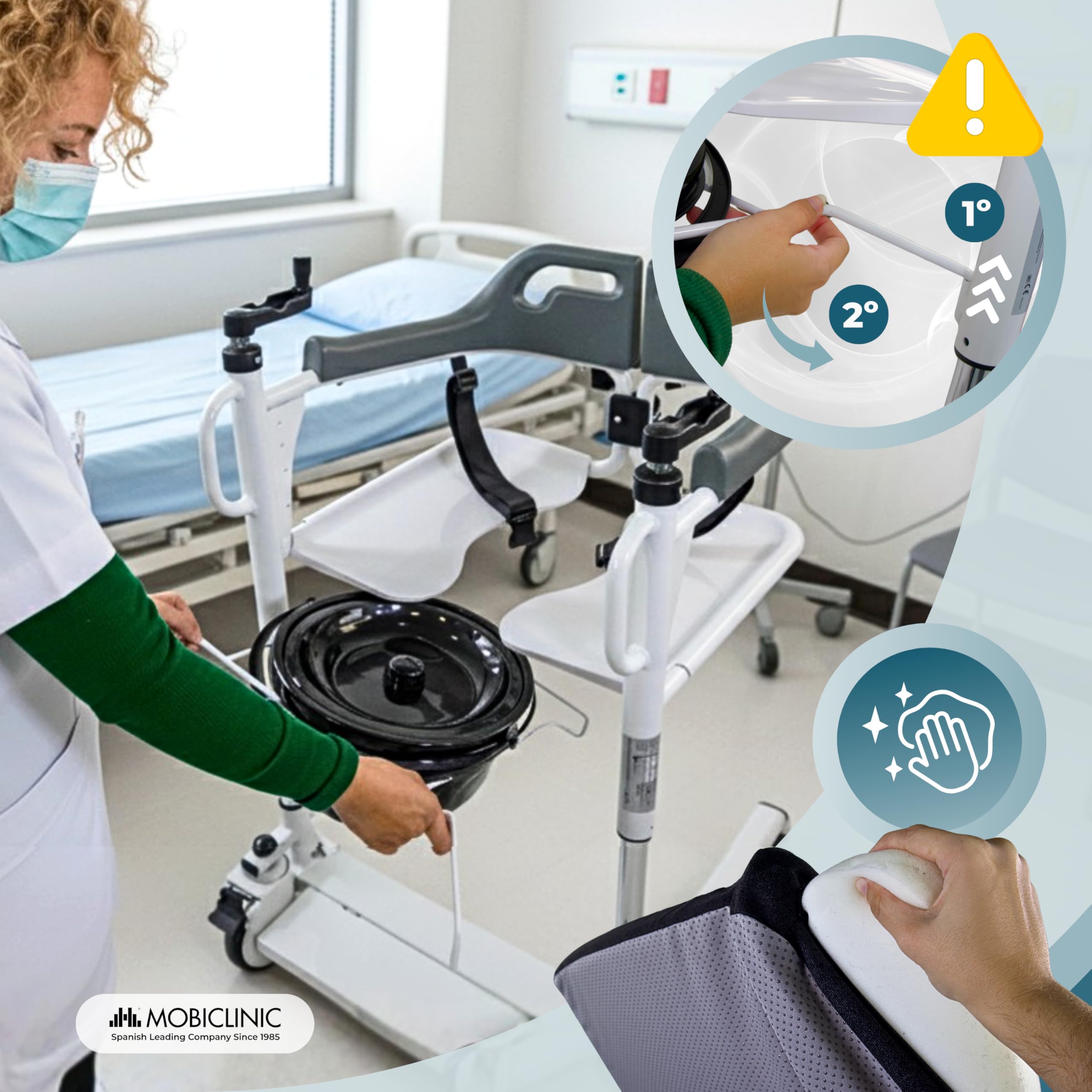 Mobiclinic®, Sedia di Trasferimento, Pappagallo Estraibile, Regolabile in Altezza, Doppio Sistema di Sicurezza, Apertura Laterale, Cuscino, Ruote con Freni, per Letto, Poltrona e WC, Acciaio, Willy