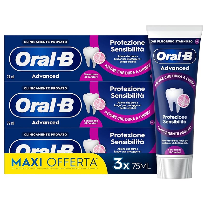 Oral-B Dentifricio Advanced Protezione Sensibilità Sapore Eucalipto & Menta Piperita per proteggere i denti sensibili 3x75ml, Advanced Sensitivity Protection, 225ml