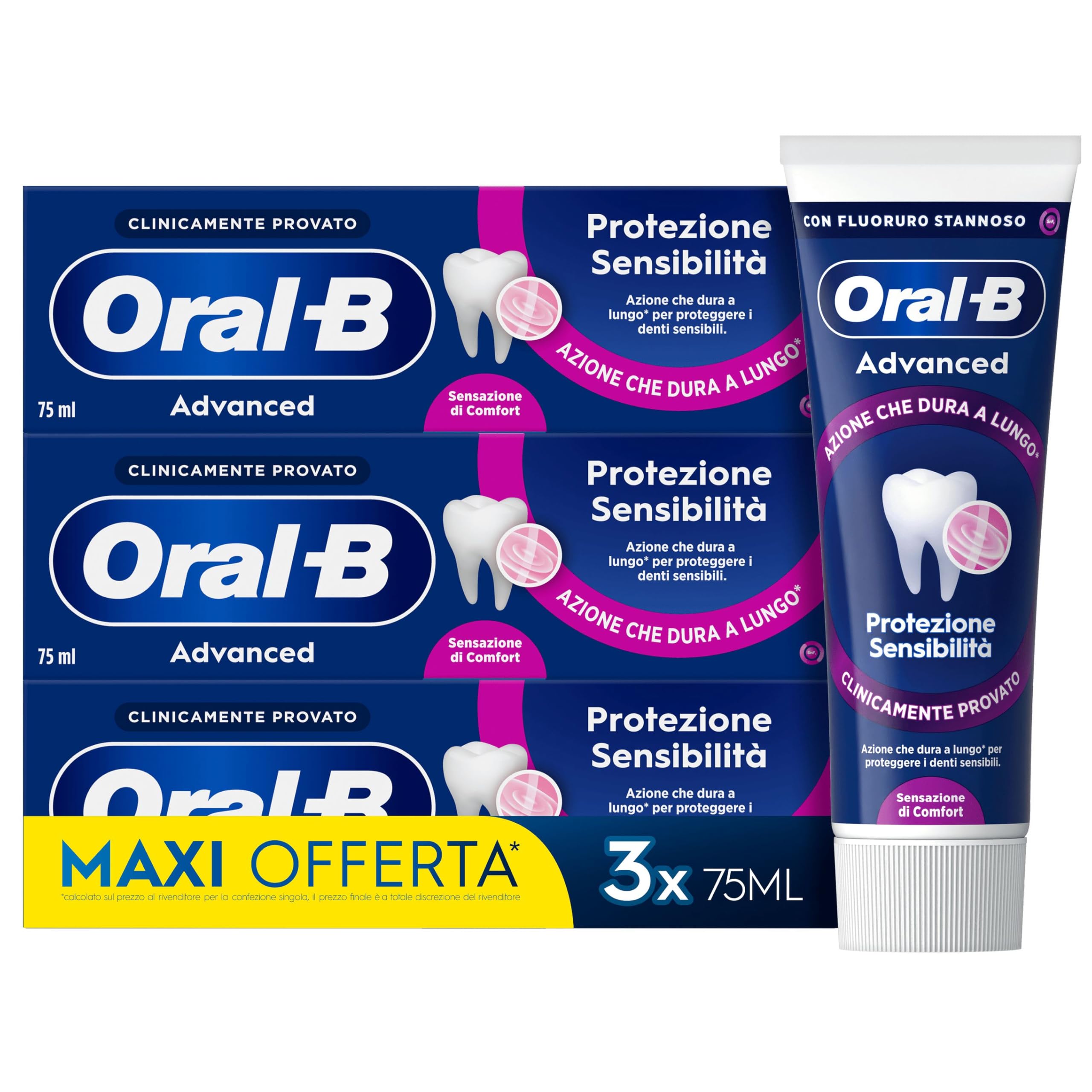 Oral-B Dentifricio Advanced Protezione Sensibilità Sapore Eucalipto & Menta Piperita per proteggere i denti sensibili 3x75ml, Advanced Sensitivity Protection, 225ml