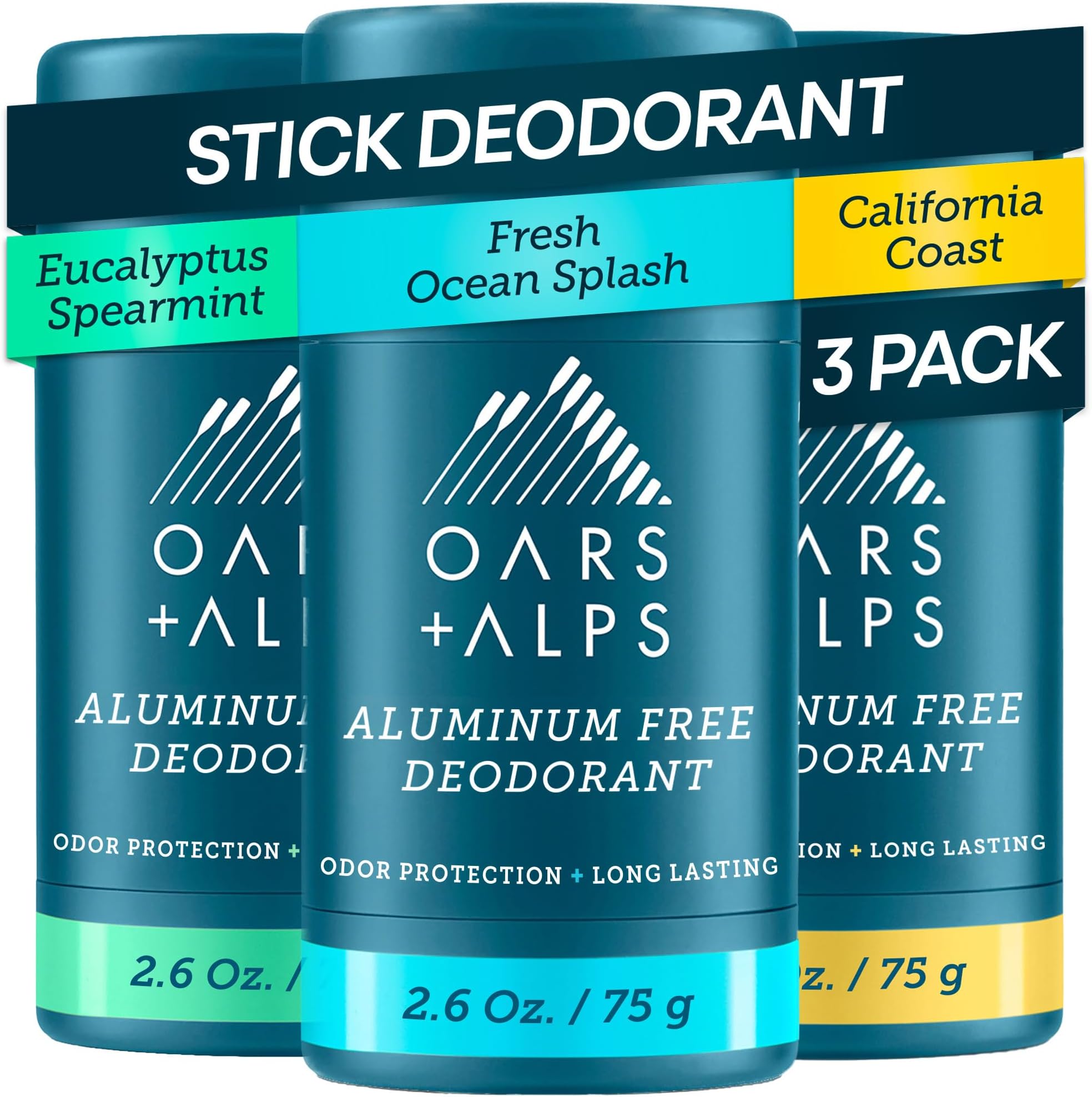 Oars + Alps Aluminum Free Deodorant for Men | Long Lasting Odor Protection, Clear & Free of White Residue, Anti-Chafing Smooth Glide, Dermatologist Tested, Variety Pack 3pk, 2.6oz