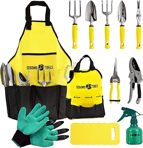 Segomo Tools Juego de herramientas de jardín de 12 piezas (incluye herramientas de jardín junto con guantes, almohadilla para arrodillar, botella