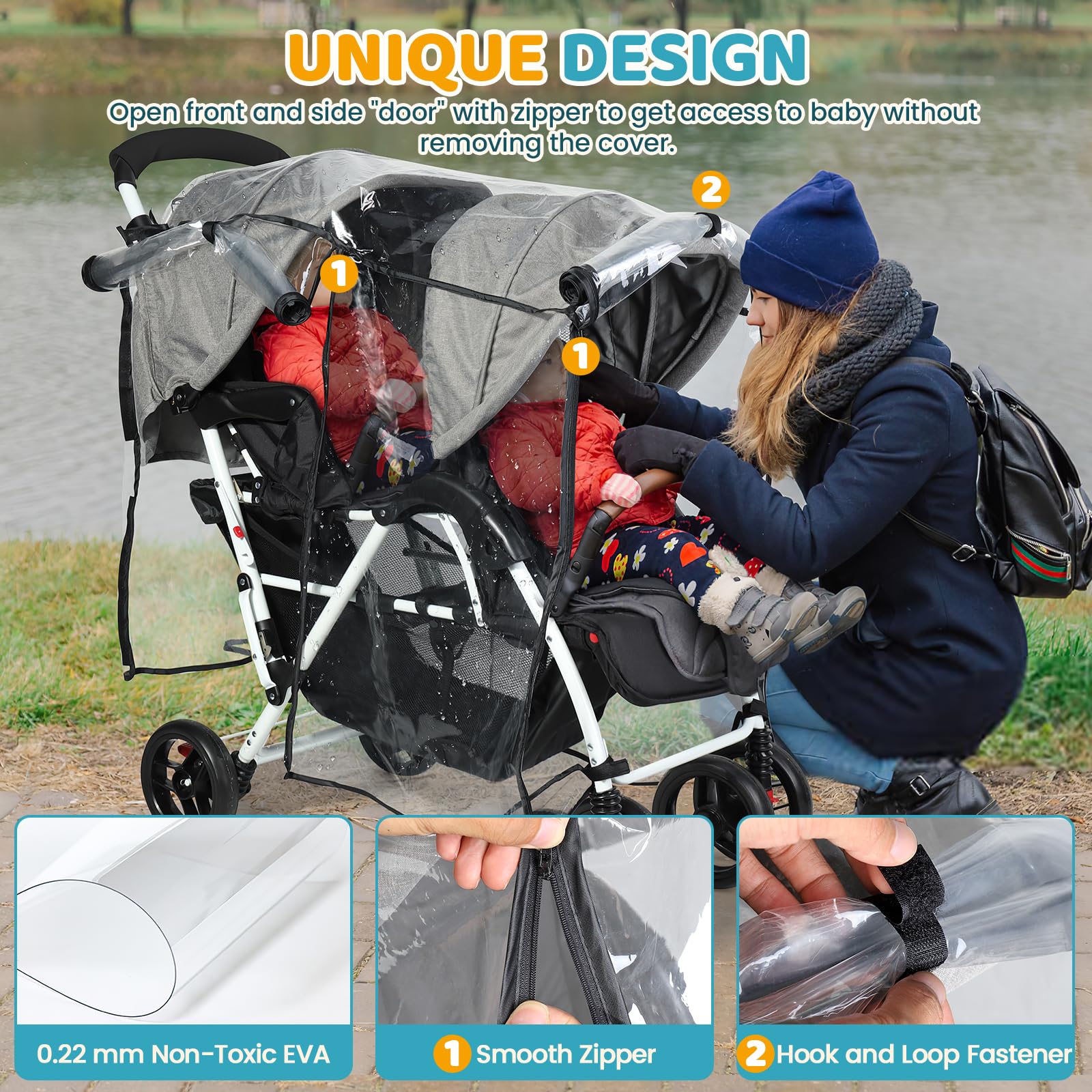 Orzbow Double Pram Rain Cover, Universal Rain Cover for Pushchair Tandem Easy Access Window, Breathable Air Vents - Image 2