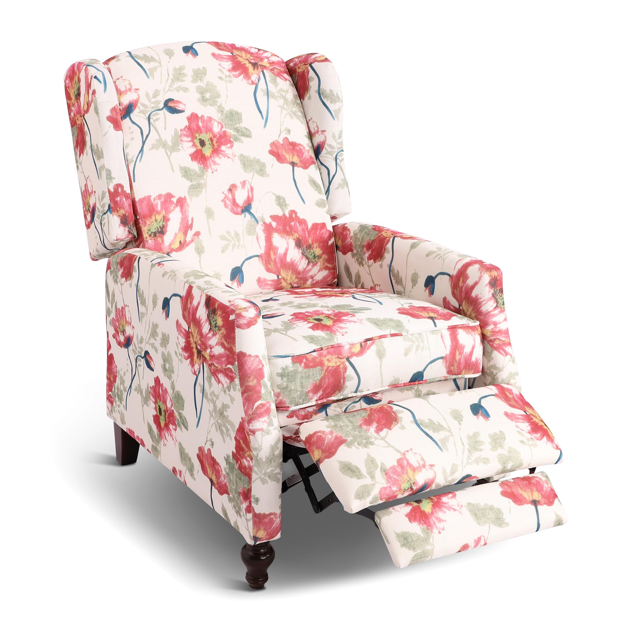 Wingback Recliner Chair, Traditional Push Back Recliner Chair with Padded Seat, Upholstered Tufted Fabric Wingback Recliner with Wooden Legs, Floral Small Recliners for Small Spaces