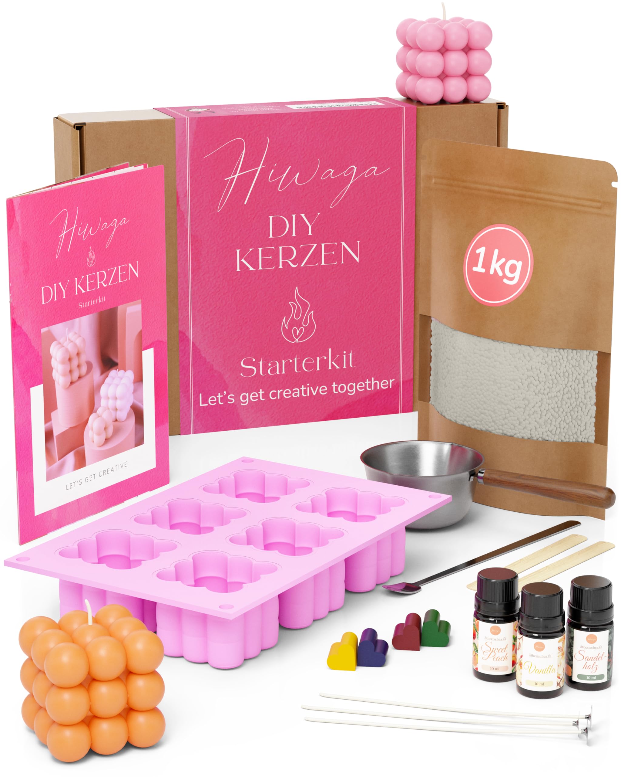 Hiwaga DIY Kerzen selber machen Set für Erwachsene, Starterkit für kreative Kerzenherstellung, Kerzen gießen Set Erwachsene, DIY Komplettset inkl. Rohwachs, Farben, Duftöle und Silikonform