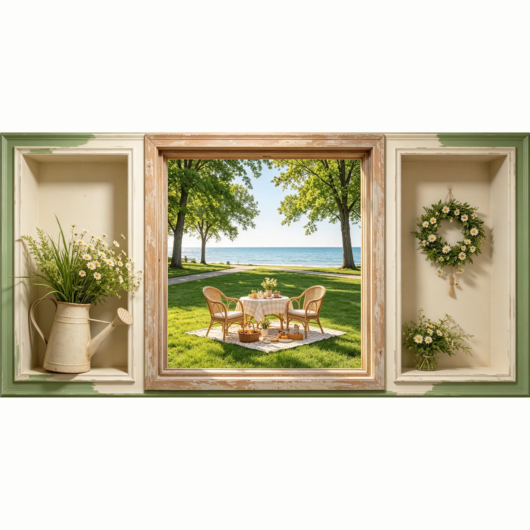 QZLITHOTIC 50x100cm 3D Framed Wall Art， Coastal Lakeside Picnic Landscape Self‑Adhesive Mural， Water‑Activated Peel & Stick Fabric Decor Wall Decal for Bedroom Living Room