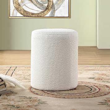 O2B Modern Round Ottoman with Soft Padded Seat Multifunctional Vanity Chair, Upholstered Footrest Stool for Living Room and Bedroom, Furniture & Decor Store White