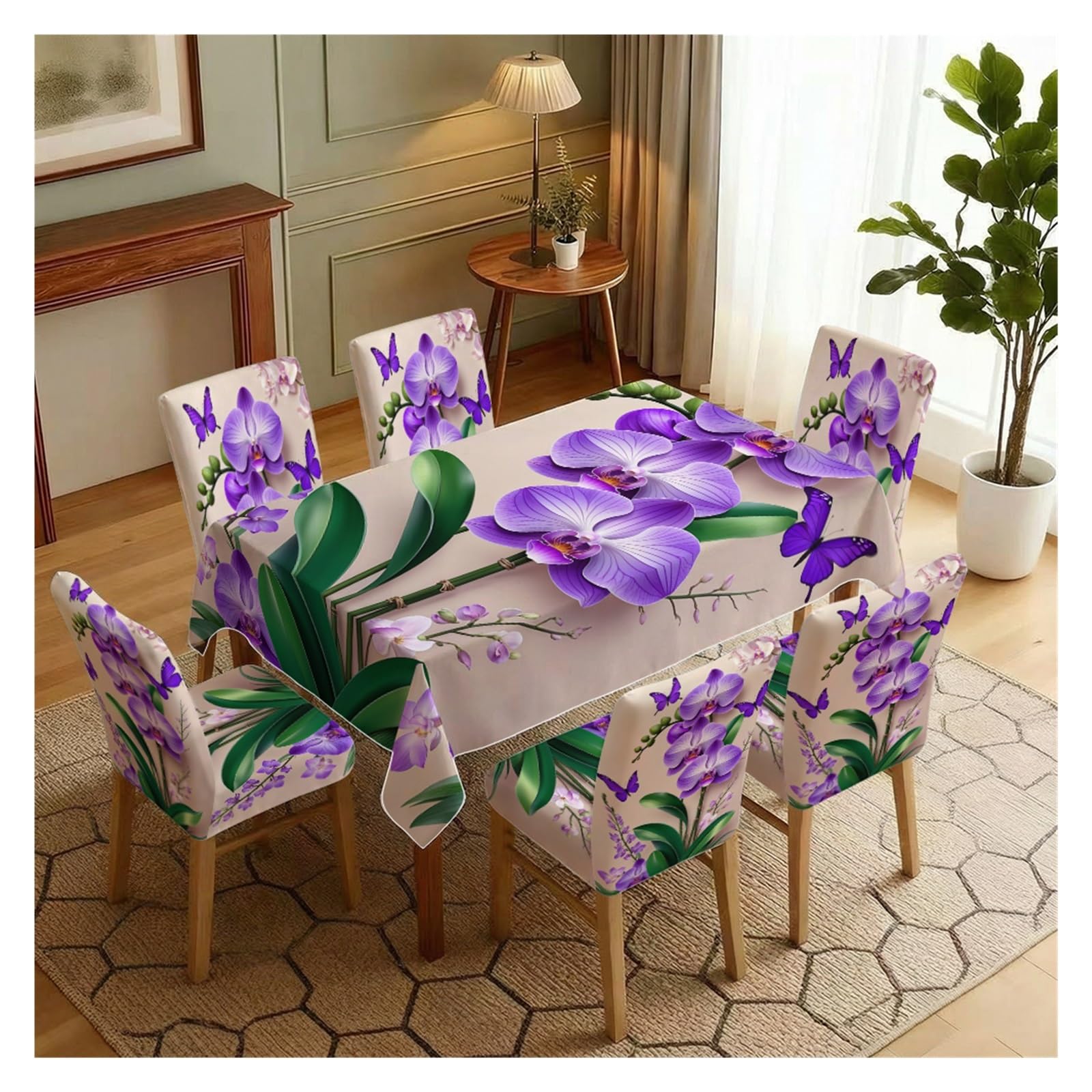 KXUAUV Stretch Dining Chair Slipcover & Tablecloth Set, Light Base Purple Orchid Butterfly Print, 5/7 Pack, Luxury Elegant Home Decor Party Decor(7pcs Set: Tablecloth+Chair Covers)