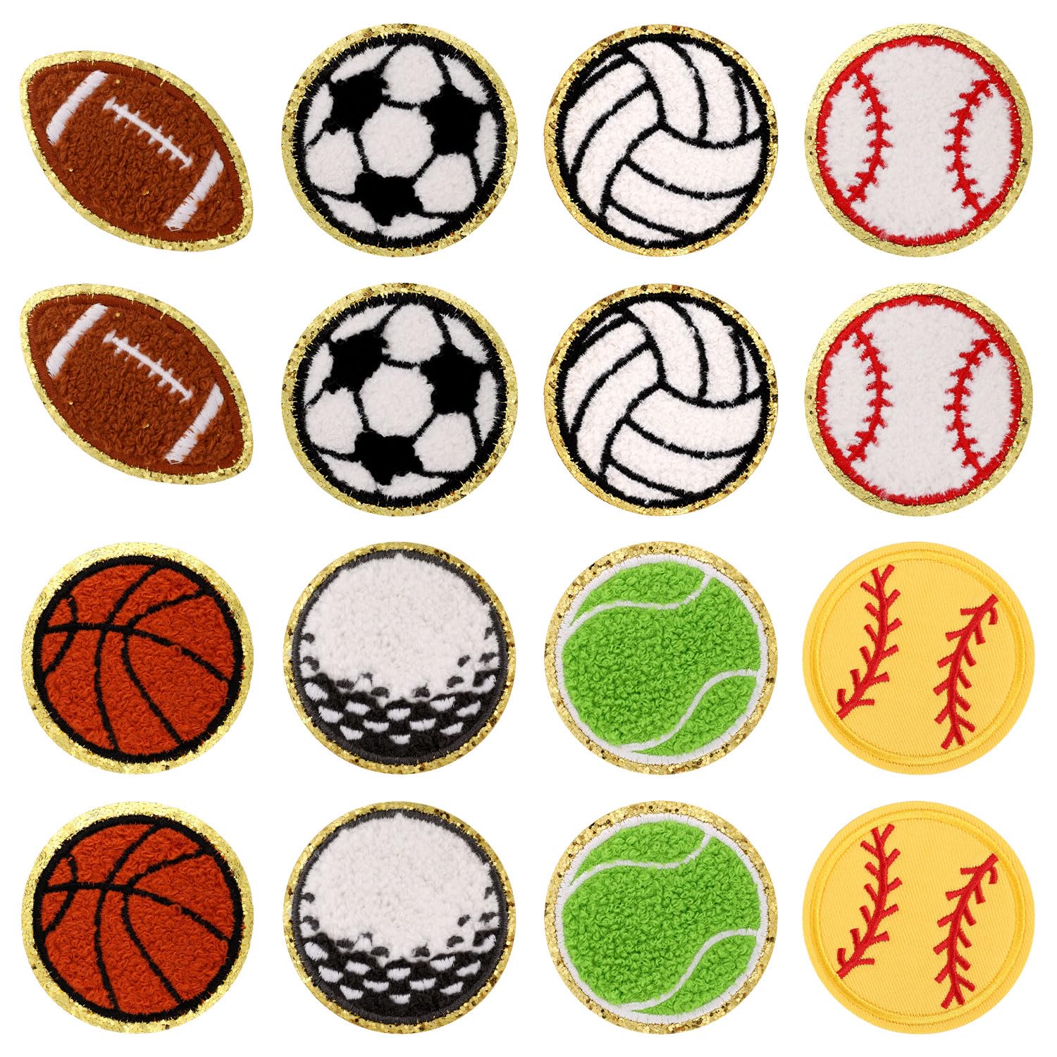 16pcs Sports Iron on Patches, Baseball Basketball Golf Football Chenille Patches Volleyball Rugby Soccer Sew on Embroidered Applique DIY Accessories Repair Hats Jeans Backpack Clothes