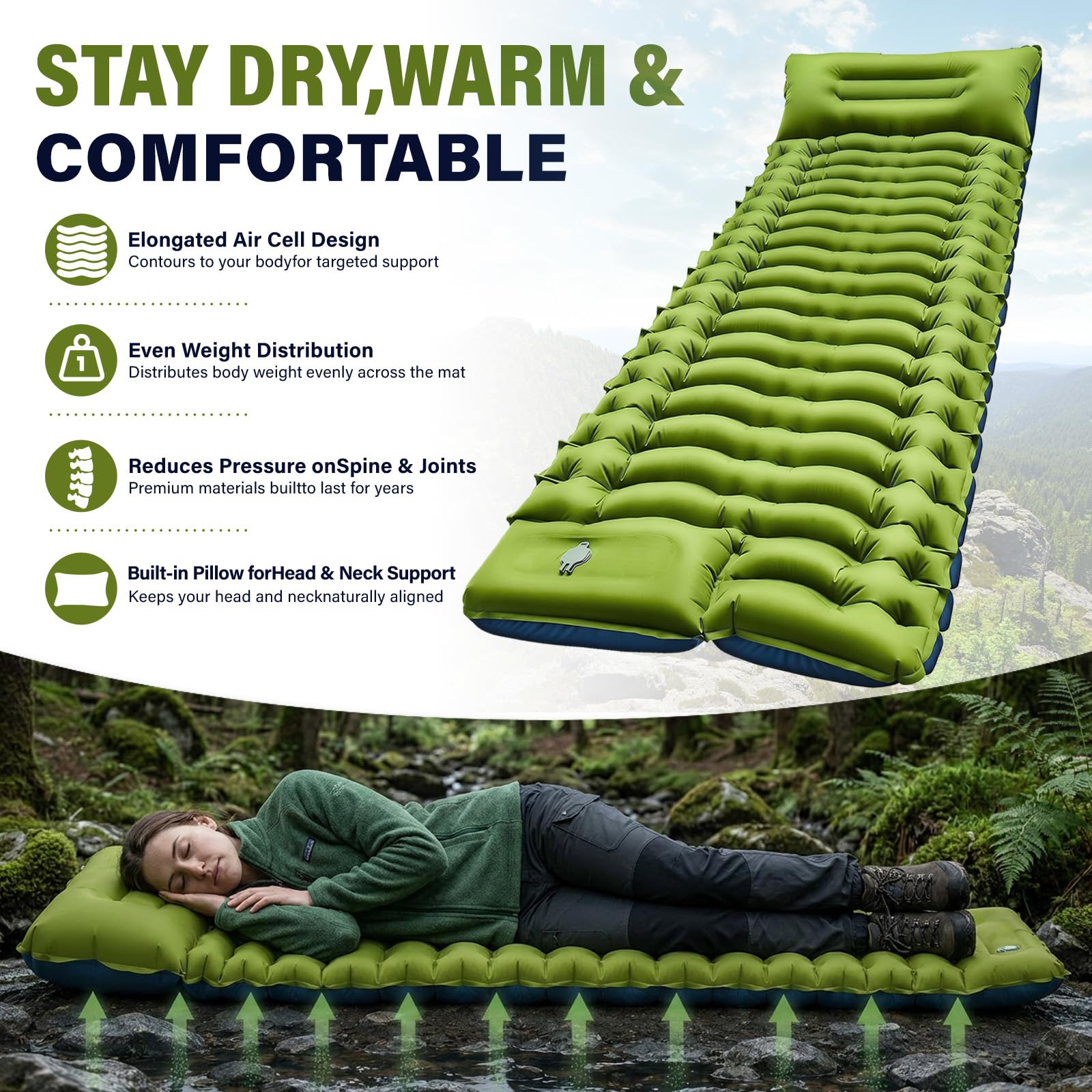 Isomatte Camping, 10CM Aufblasbare Matratze Kompakte, Ultraleicht Camping Luftmatratze mit Kissen & Fußpumpe, Outdoor Campingmatte, Anti-Ripstop Schlafmatte für Wandern, Strand, Reise, Zelt